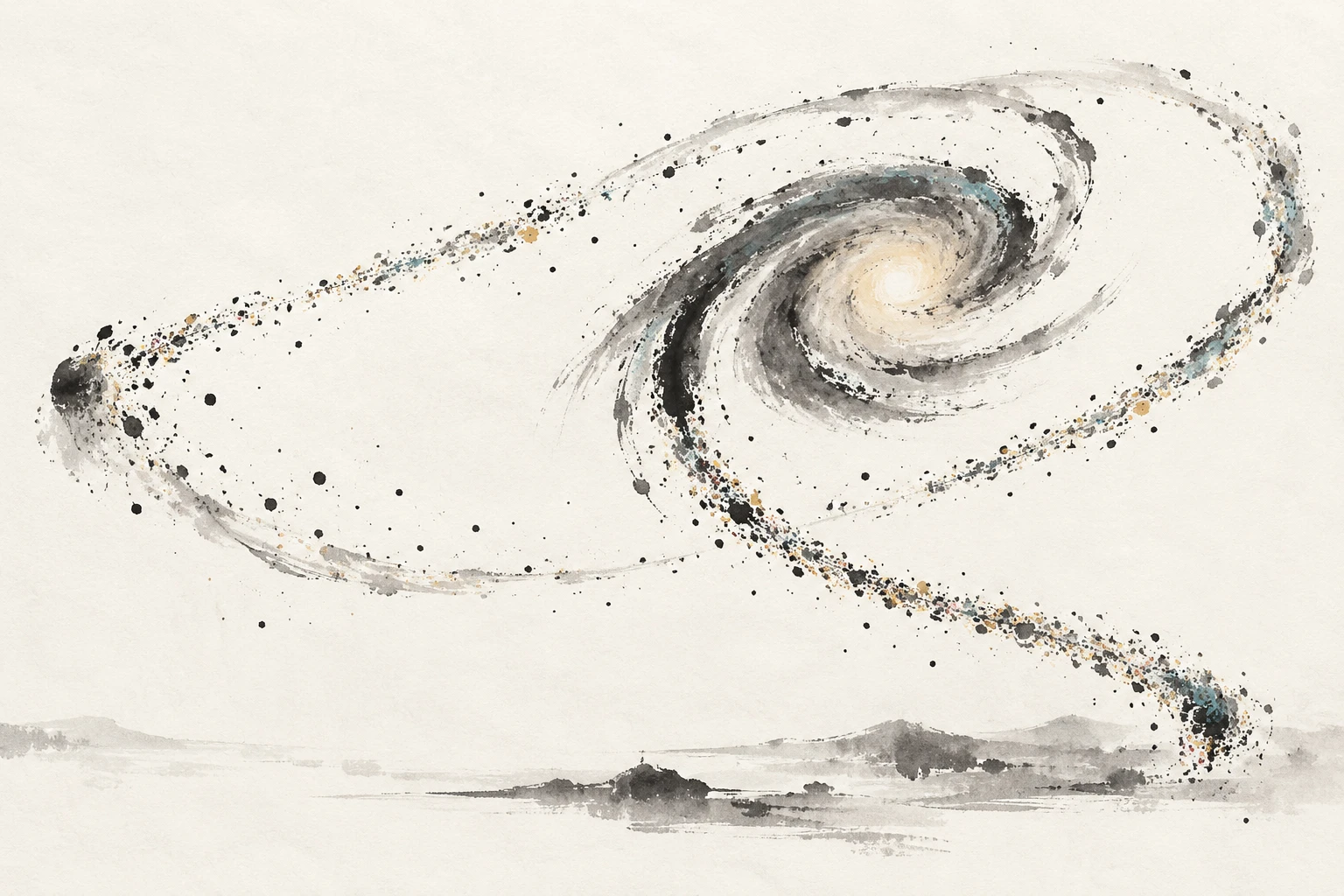 Artistic illustration of a dwarf galaxy stretched into a long stellar stream around the Milky Way