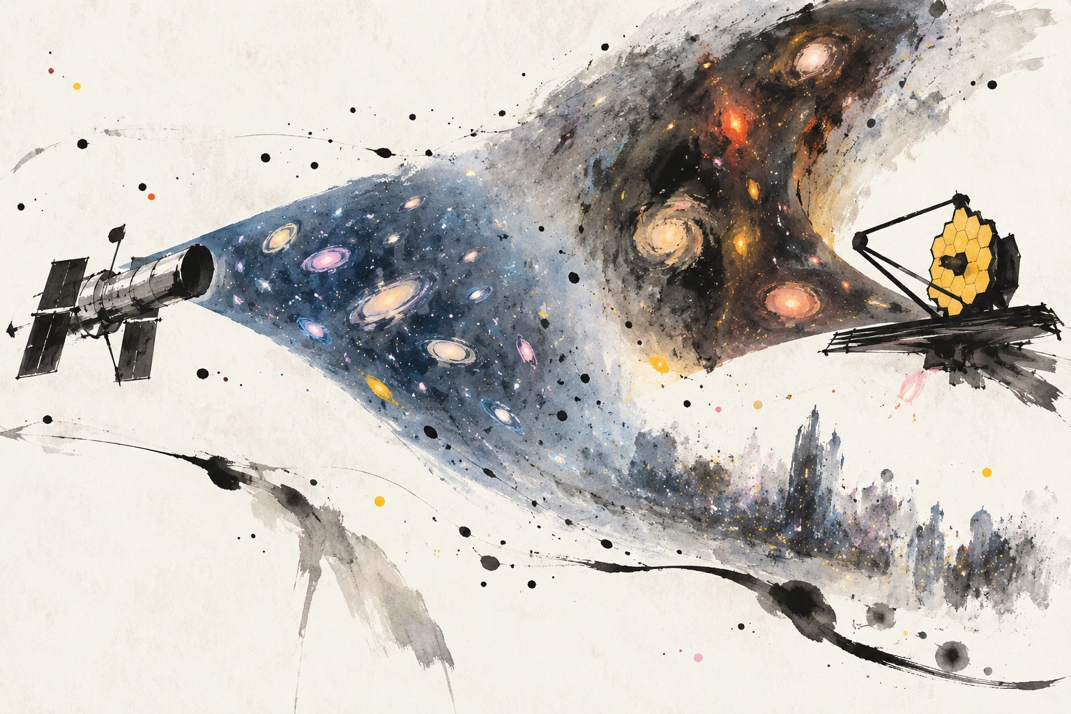 Illustration of two space telescopes observing the same deep field in ultraviolet and infrared light