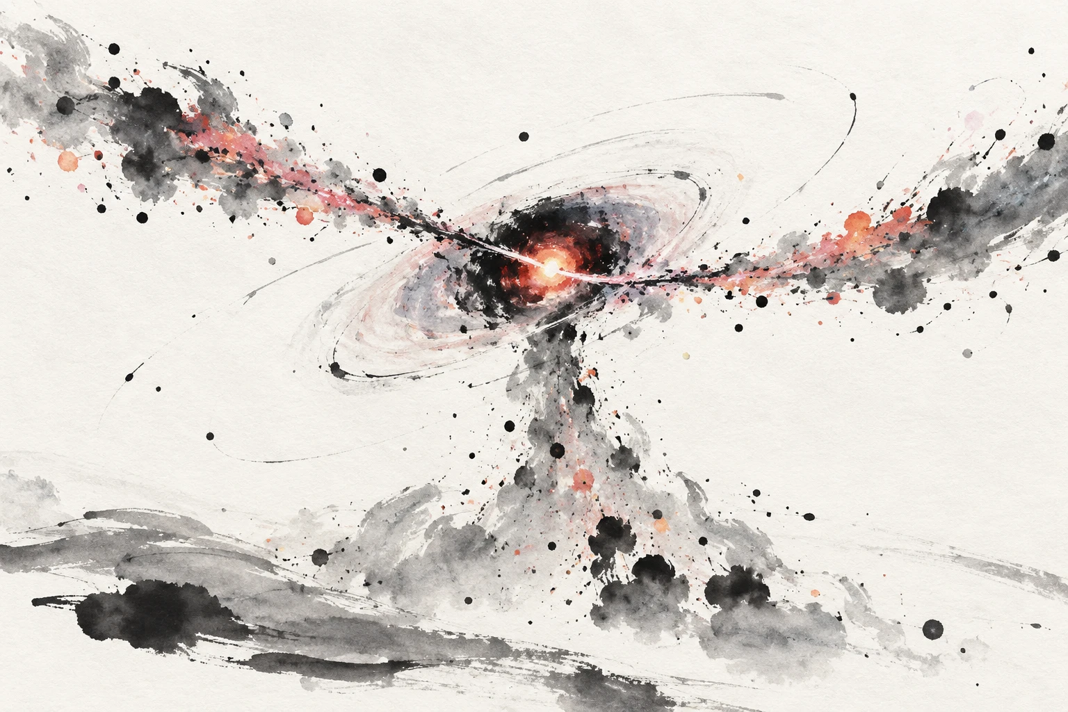 Abstract illustration of a dusty red quasar with glowing clumps of gas and outflowing wind