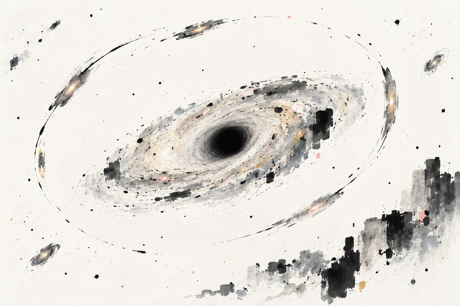 Artistic illustration, not observational data, of a gravitationally lensed red quiescent galaxy with a massive central black hole.