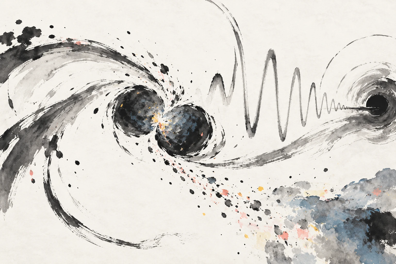 Artistic illustration of two neutron stars merging into a glowing remnant, with concentric gravitational-wave ripples spreading outward.