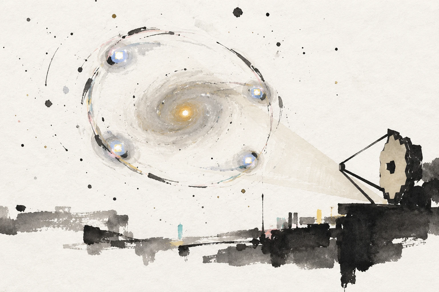 Artist’s illustration of a quadruply lensed quasar and its lens galaxy, with abstract glowing arcs and streams suggesting stellar motion.