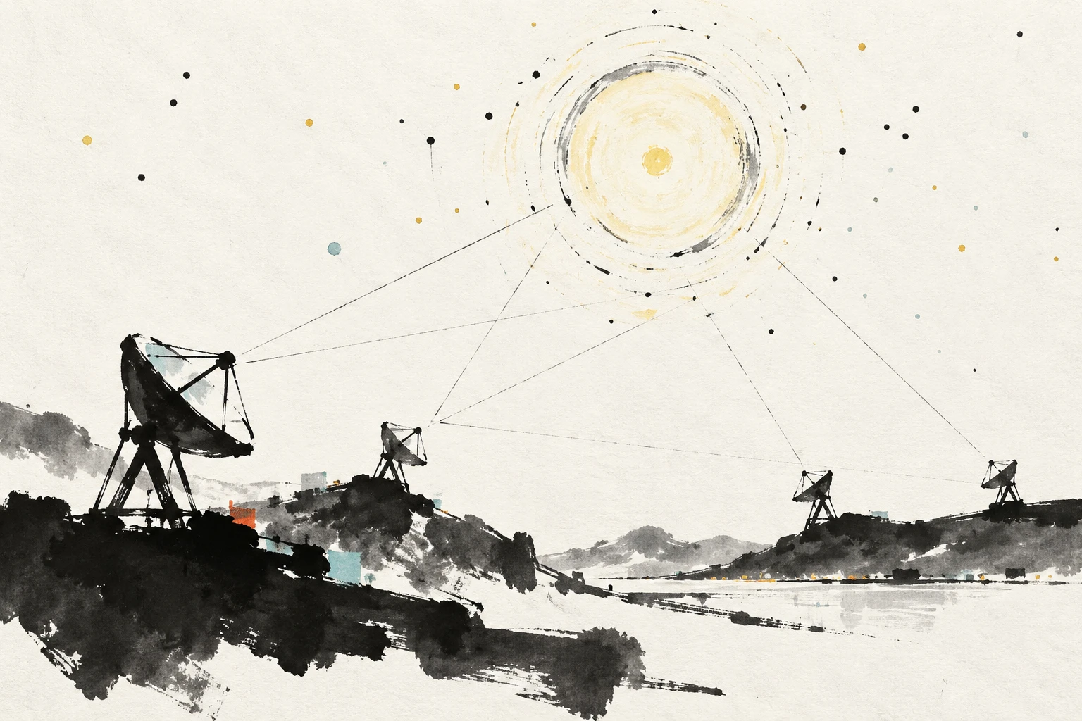 Artistic illustration of a Cherenkov telescope under moonlight gathering starlight for intensity interferometry.