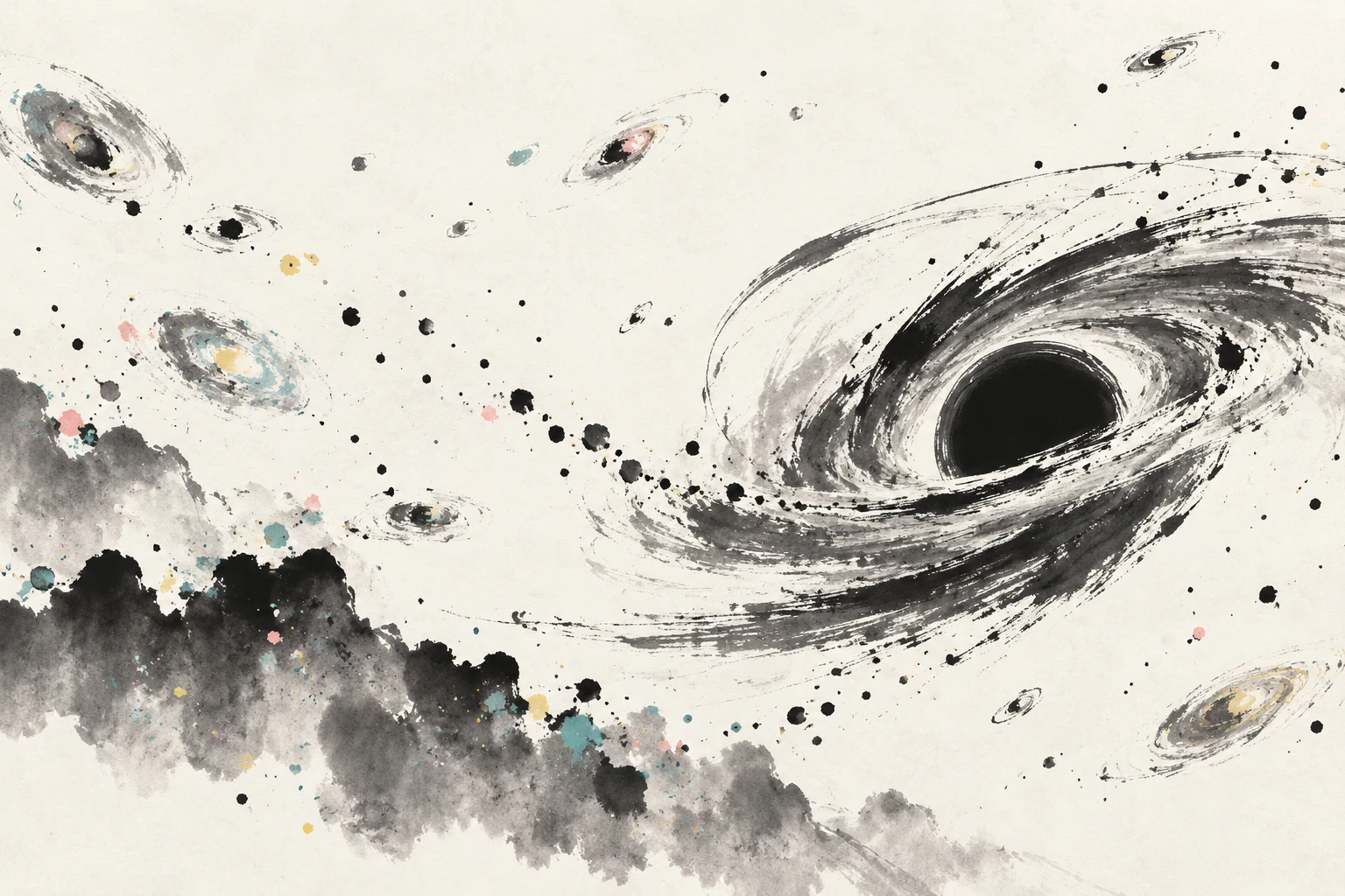 Artistic illustration of a supermassive black hole and its host galaxy amid faint dark matter filaments, not observational data.