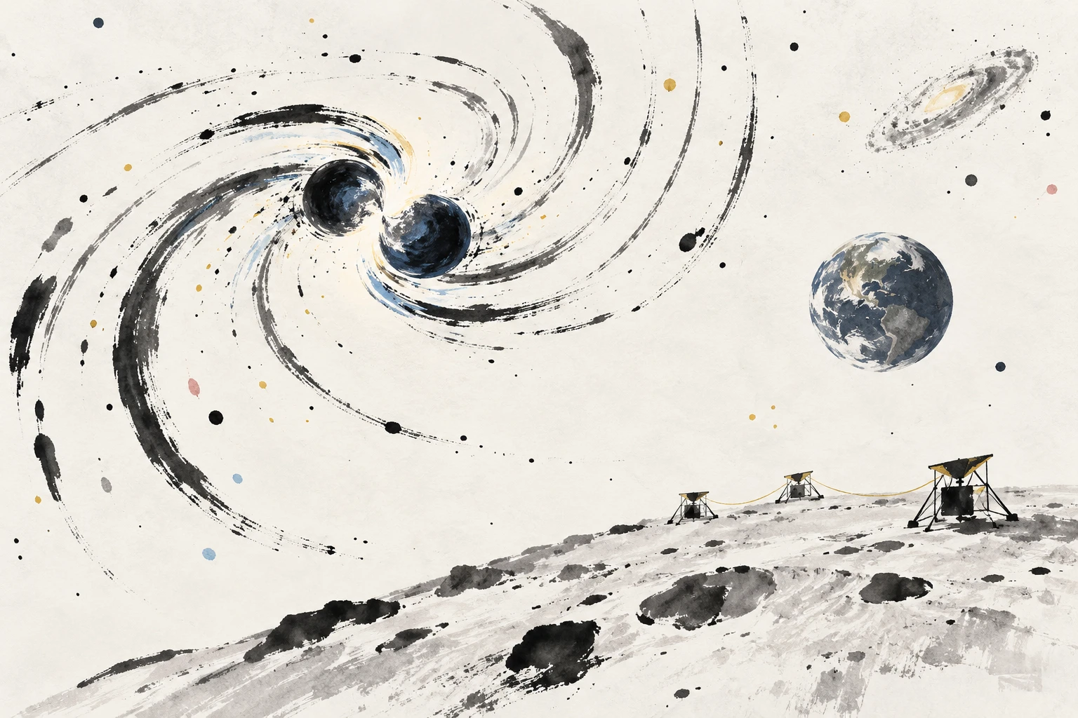 Artist's illustration of a lunar gravitational-wave observatory with two neutron stars spiraling together in the sky.