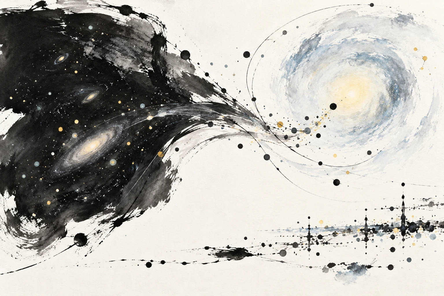 Abstract illustration of dark energy and dark matter exchanging energy in an expanding universe.