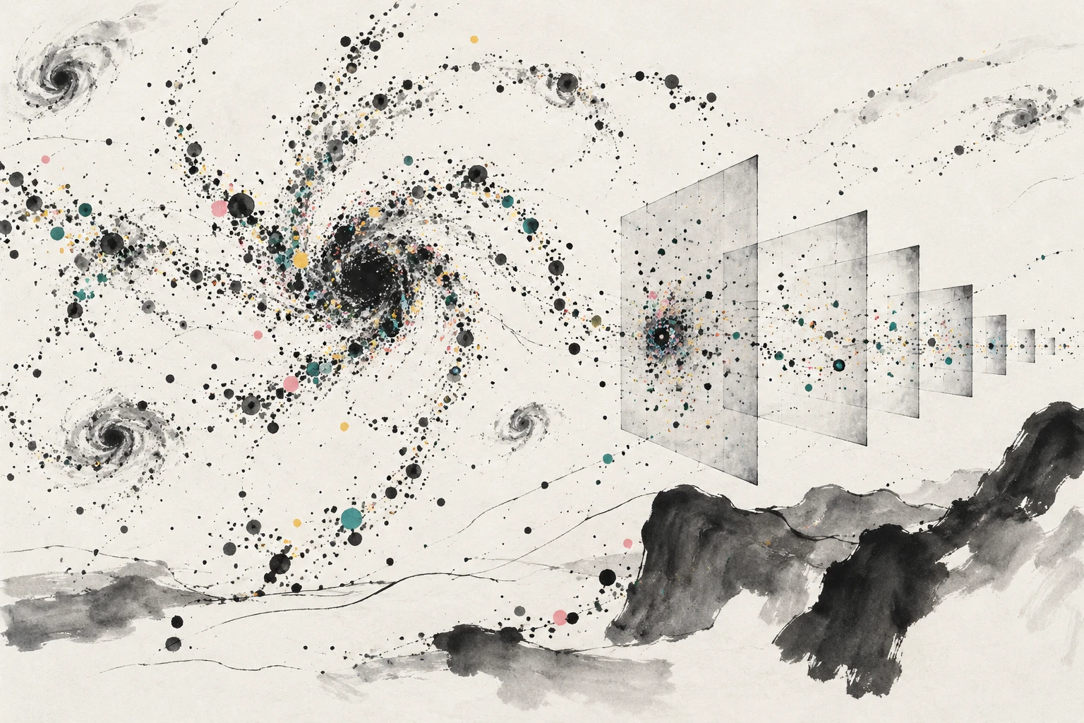 Artistic illustration of a cosmic web of dark matter forming in a simulation box