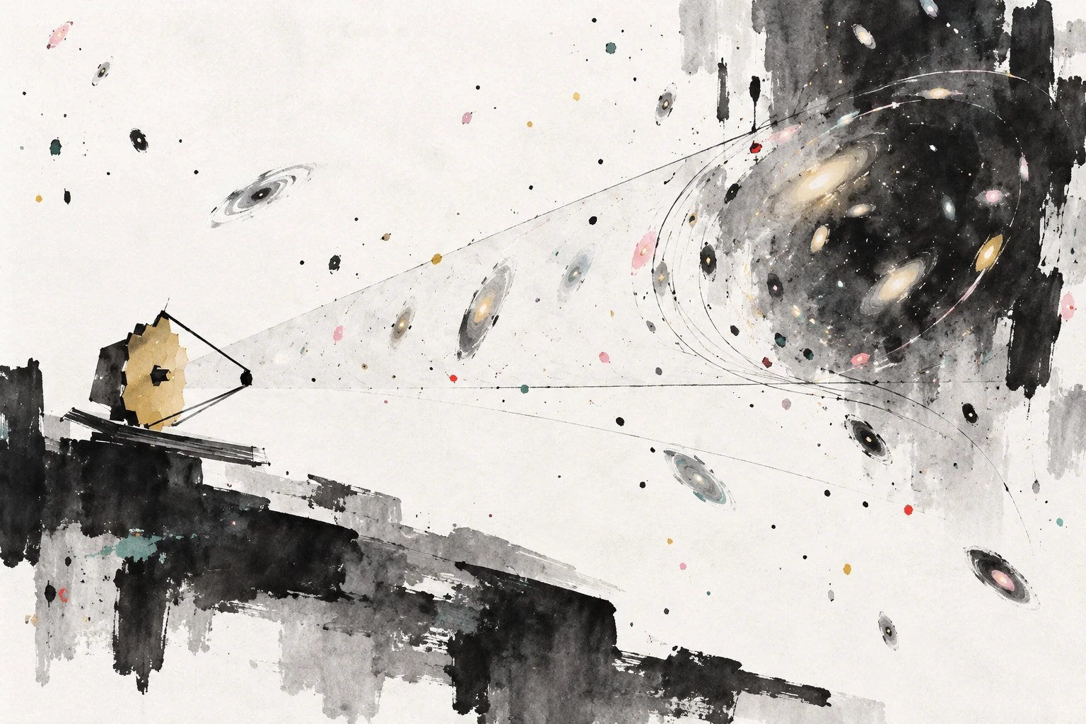 Abstract illustration of distant star-forming galaxies magnified by a massive galaxy cluster, with red Hα emission.