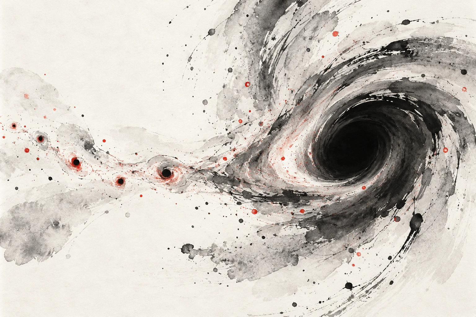 Artistic illustration of a glowing black hole disk inside dense red gas in the early universe.