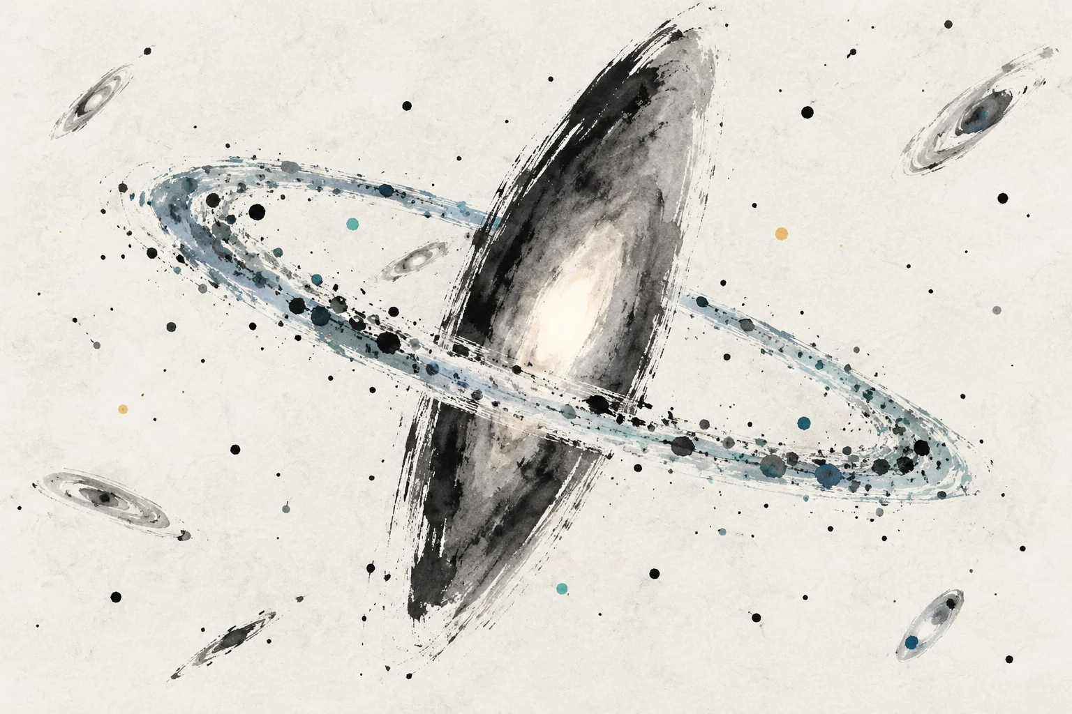 Artistic illustration of a galaxy with a luminous ring of gas and stars tilted nearly perpendicular to its main disk.
