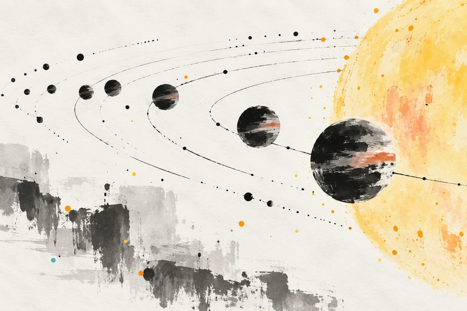 Artistic illustration of a hot Jupiter closely orbiting its star, with the star's tidal bulge and a trail of transit timing marks.
