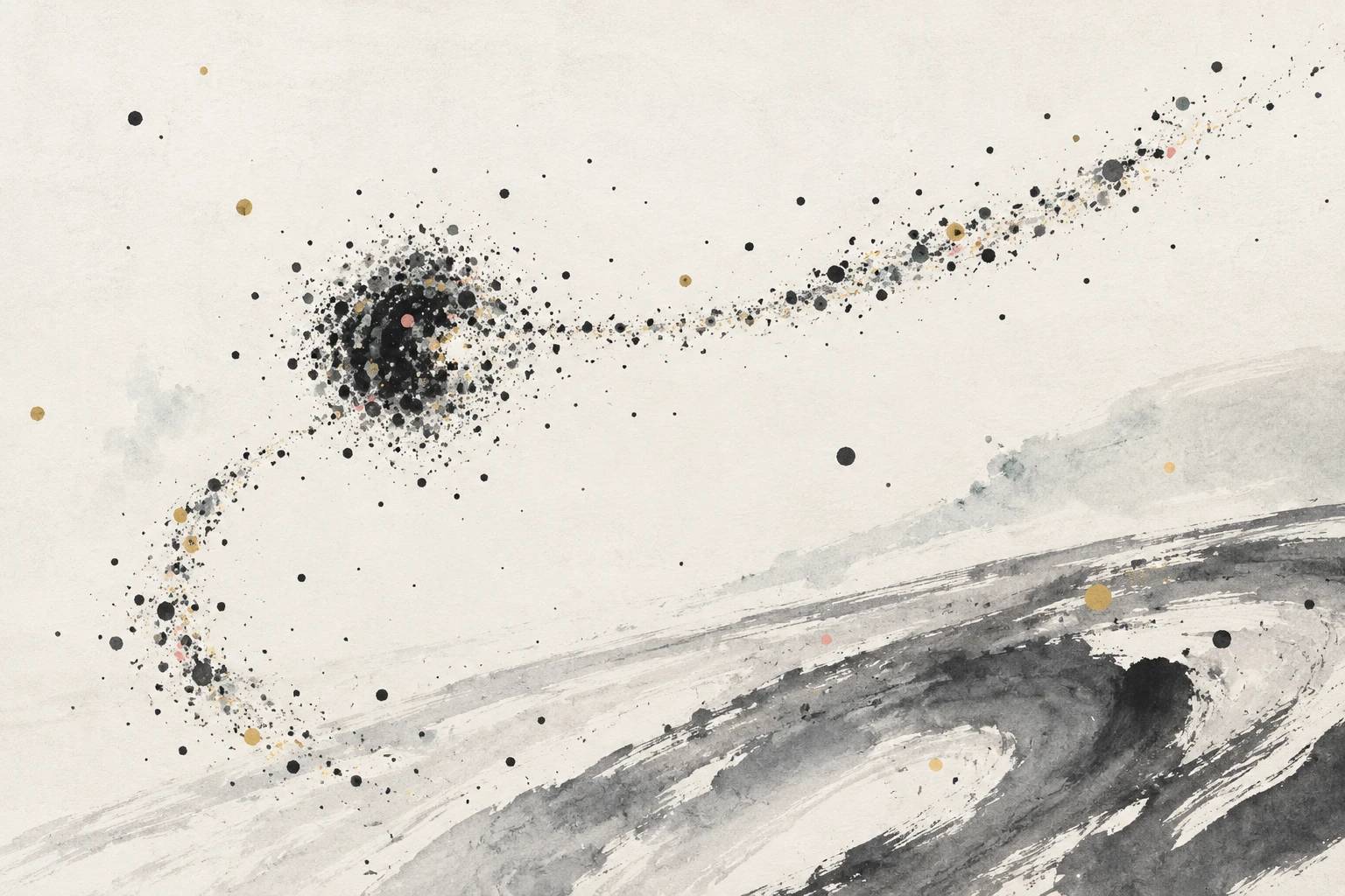 Abstract illustration of a globular cluster trailing a long, thin stream of stars through the Milky Way halo.