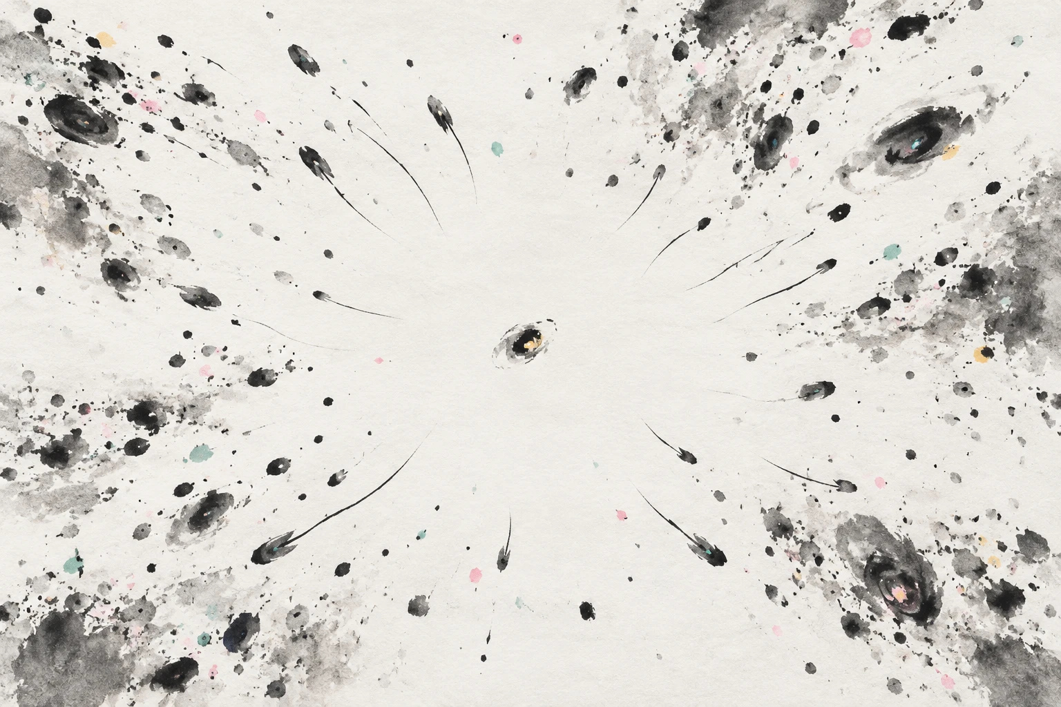 Artistic illustration of a galaxy inside a vast cosmic void with expansion arrows