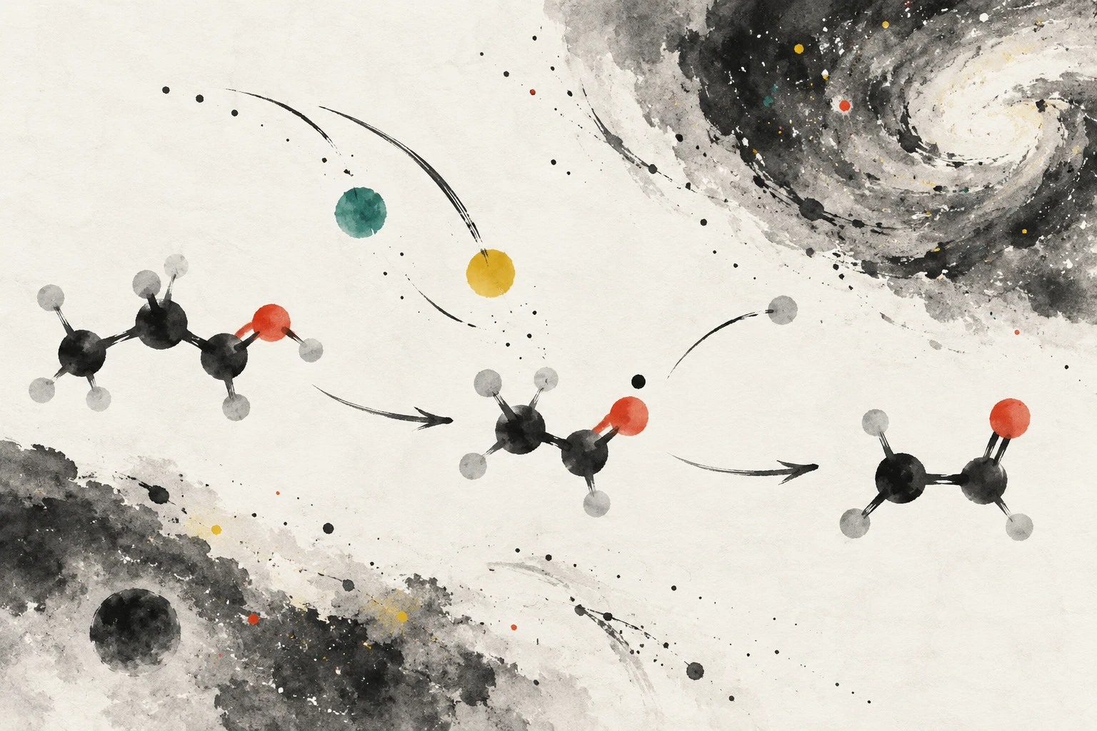 Abstract illustration of ethanol molecules and halogen atoms in a glowing interstellar cloud.