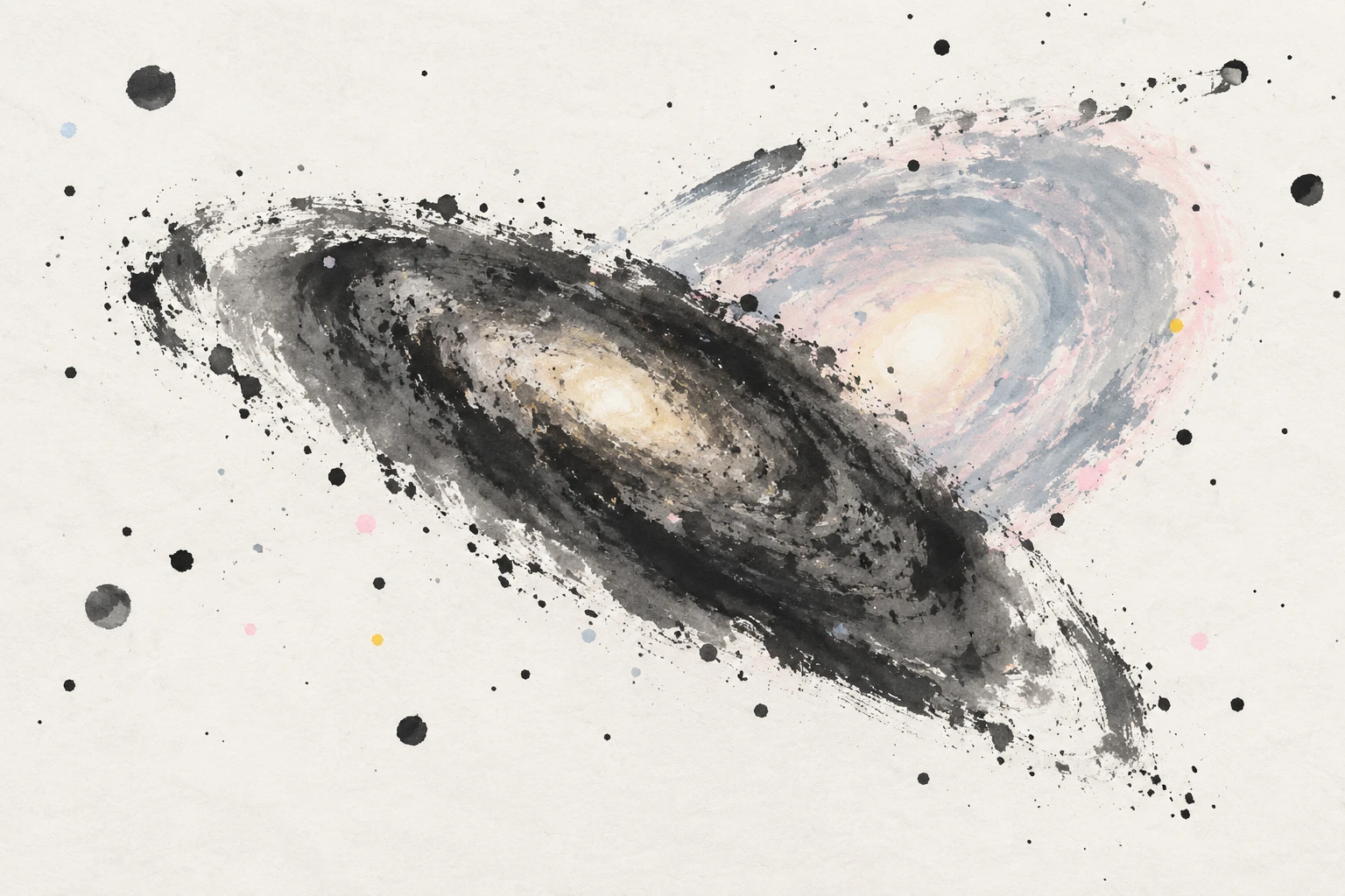 Artistic illustration of two galaxies overlapping, one partly silhouetted against the other