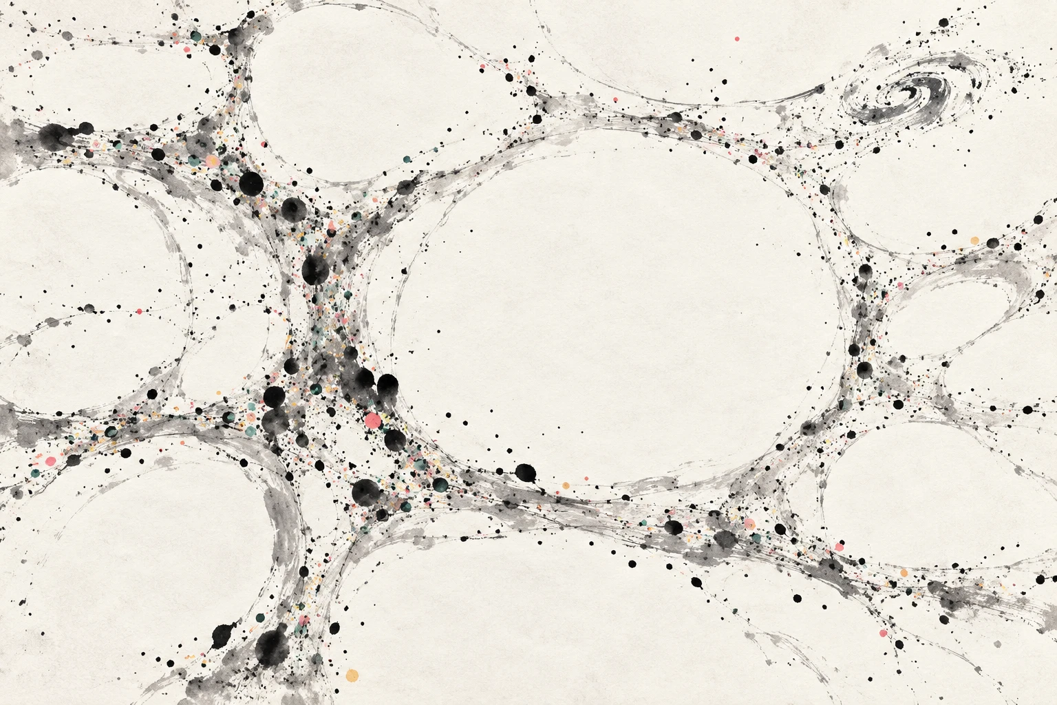 Artistic illustration of a cosmic web with large dark voids, faint wavelike particles, and scattered galaxies.