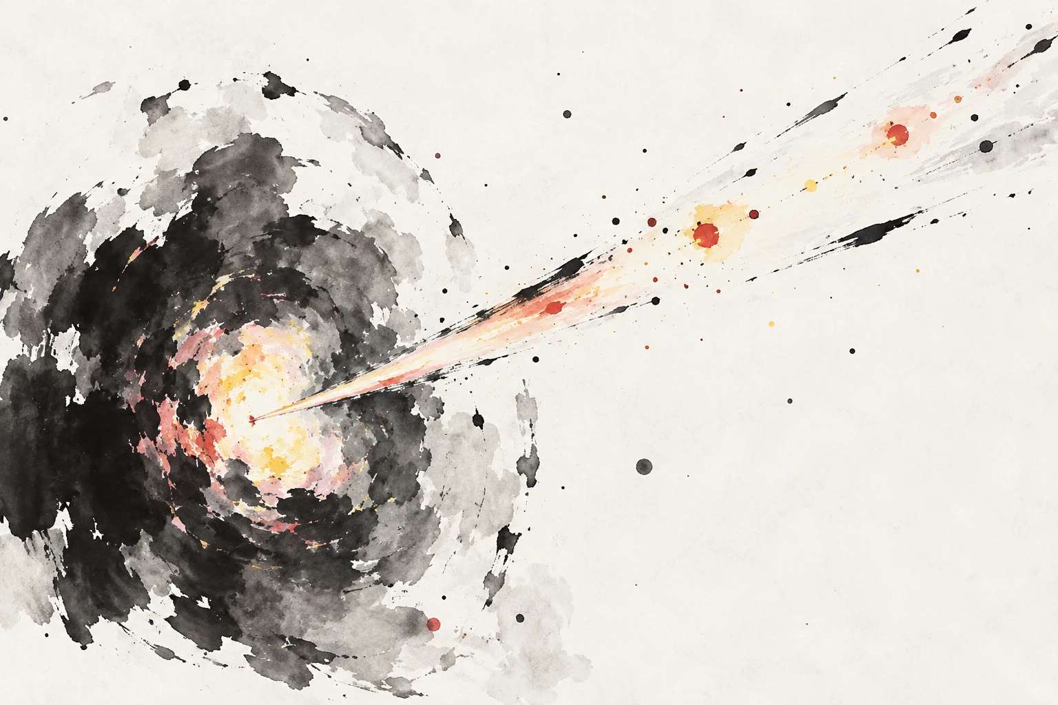 Artistic illustration of a collapsed star launching a narrow relativistic jet with glowing radioactive nickel clumps.