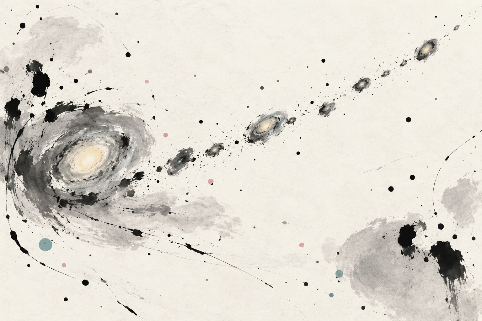 Artistic illustration of a line of faint galaxies in the NGC 1052 field, with one galaxy highlighted and a faint blue trail connecting them.