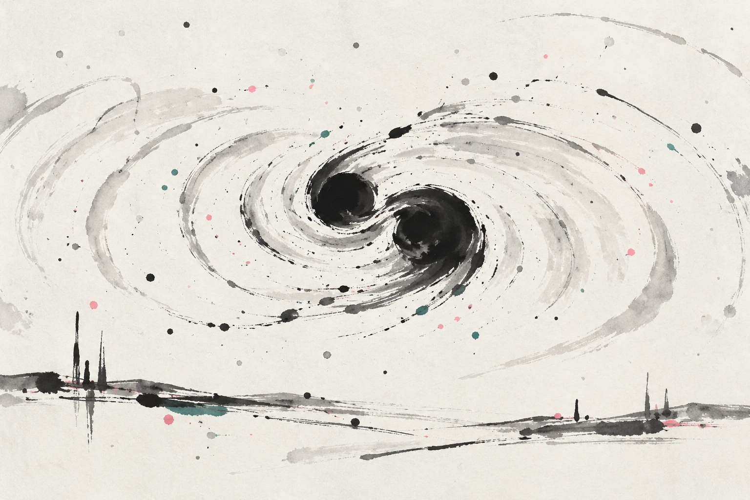 Artistic illustration of two merging black holes sending spacetime ripples toward a gravitational-wave detector.