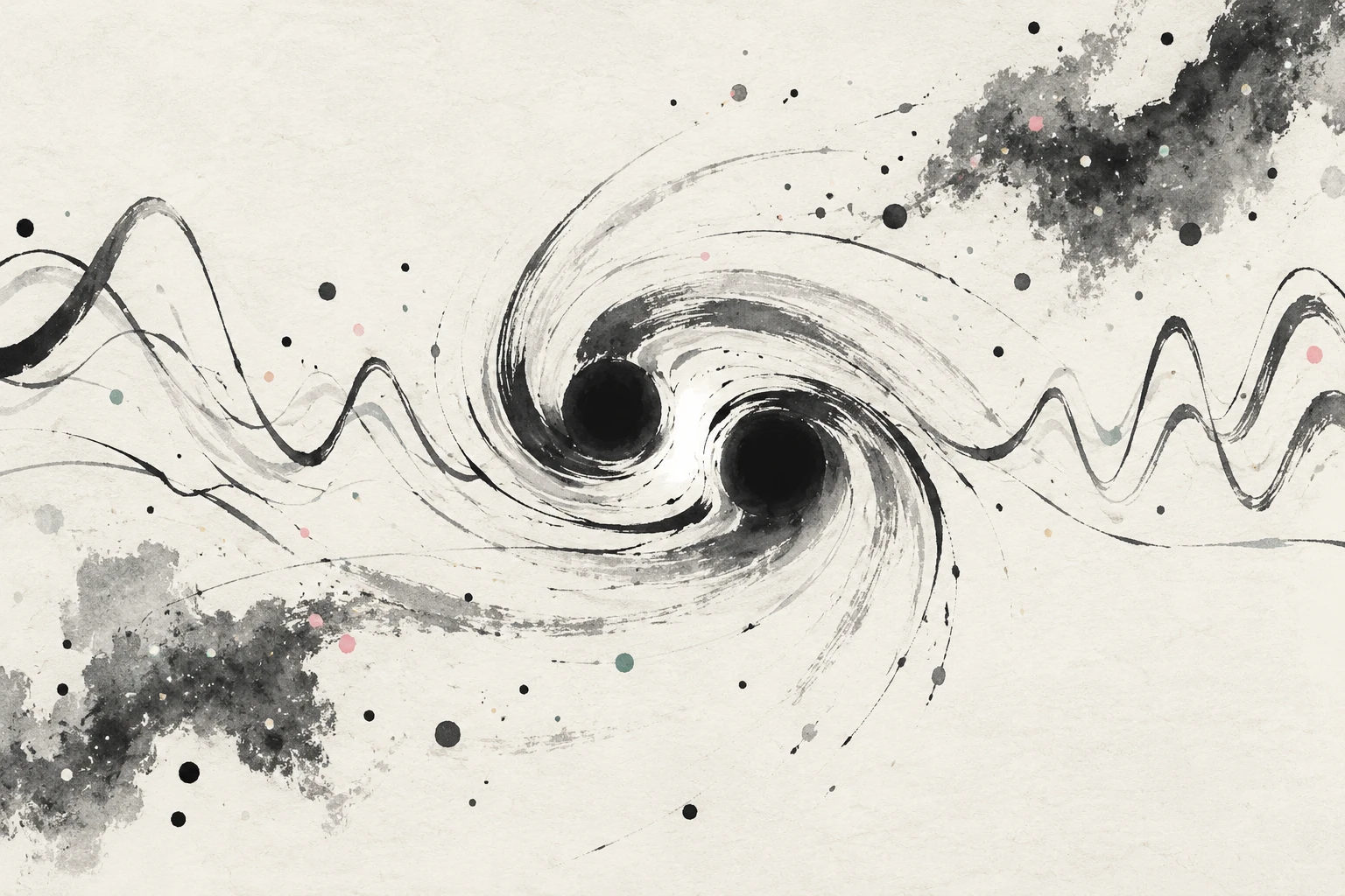Abstract artistic illustration of two compact objects spiraling together and emitting ripples in spacetime, not observational data.