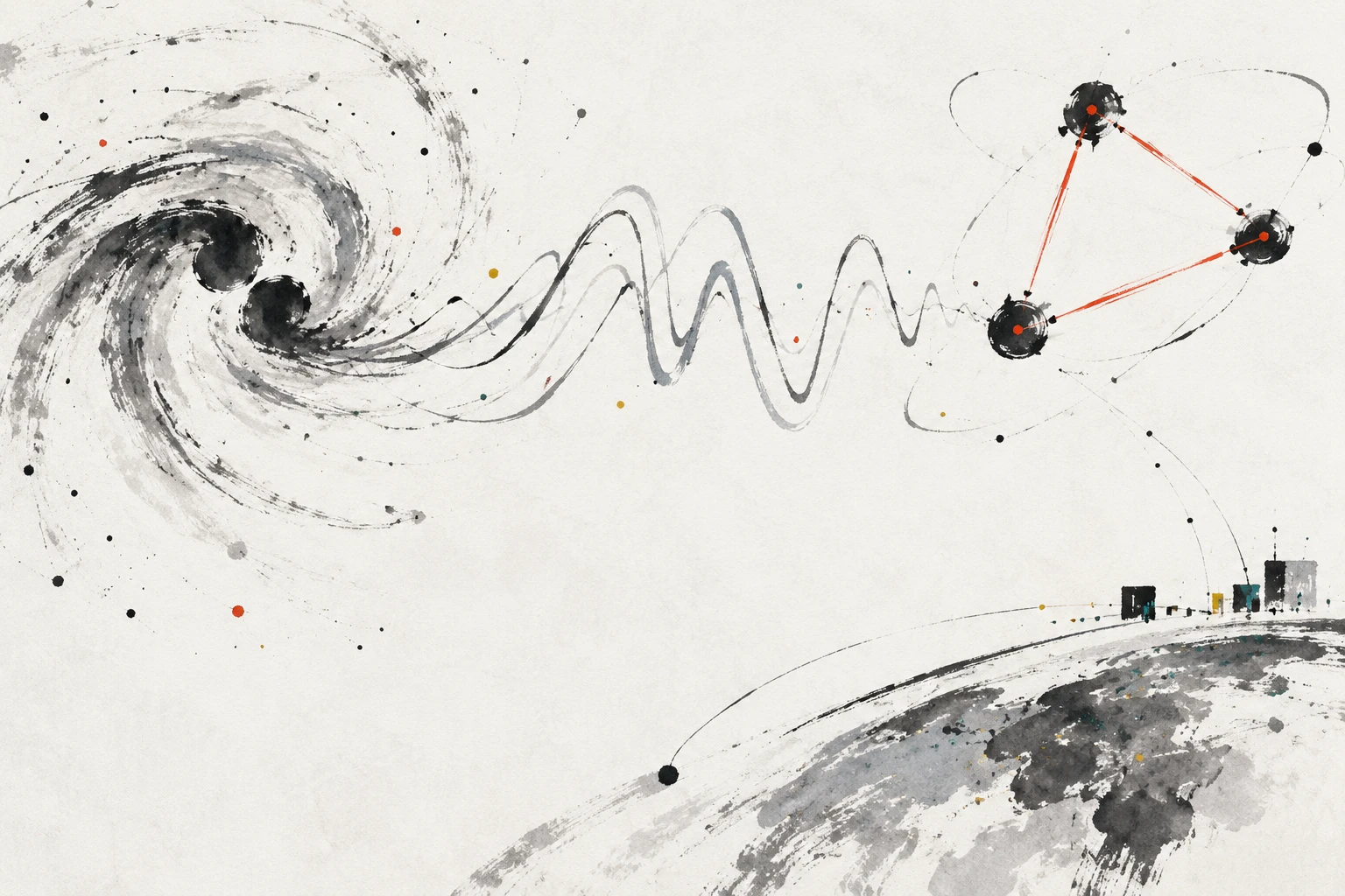 Artistic illustration of three spacecraft in a triangle linked by laser beams