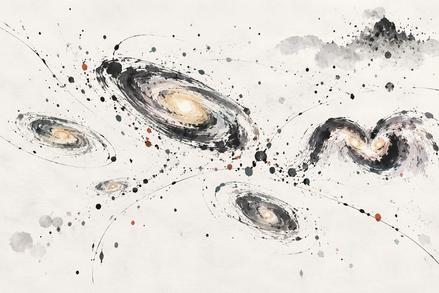 Artist’s illustration of glowing gas-rich starburst galaxies in a distant protocluster