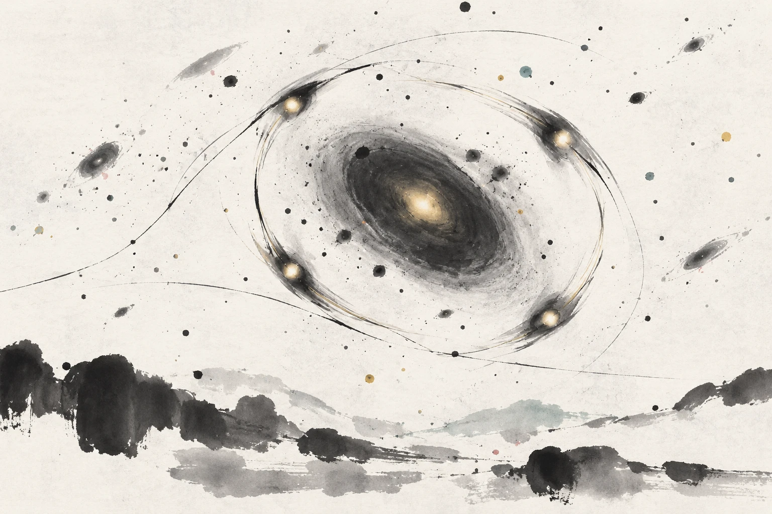 Artistic illustration of a gravitationally lensed quasar with faint dark matter halos bending light, not observational data.