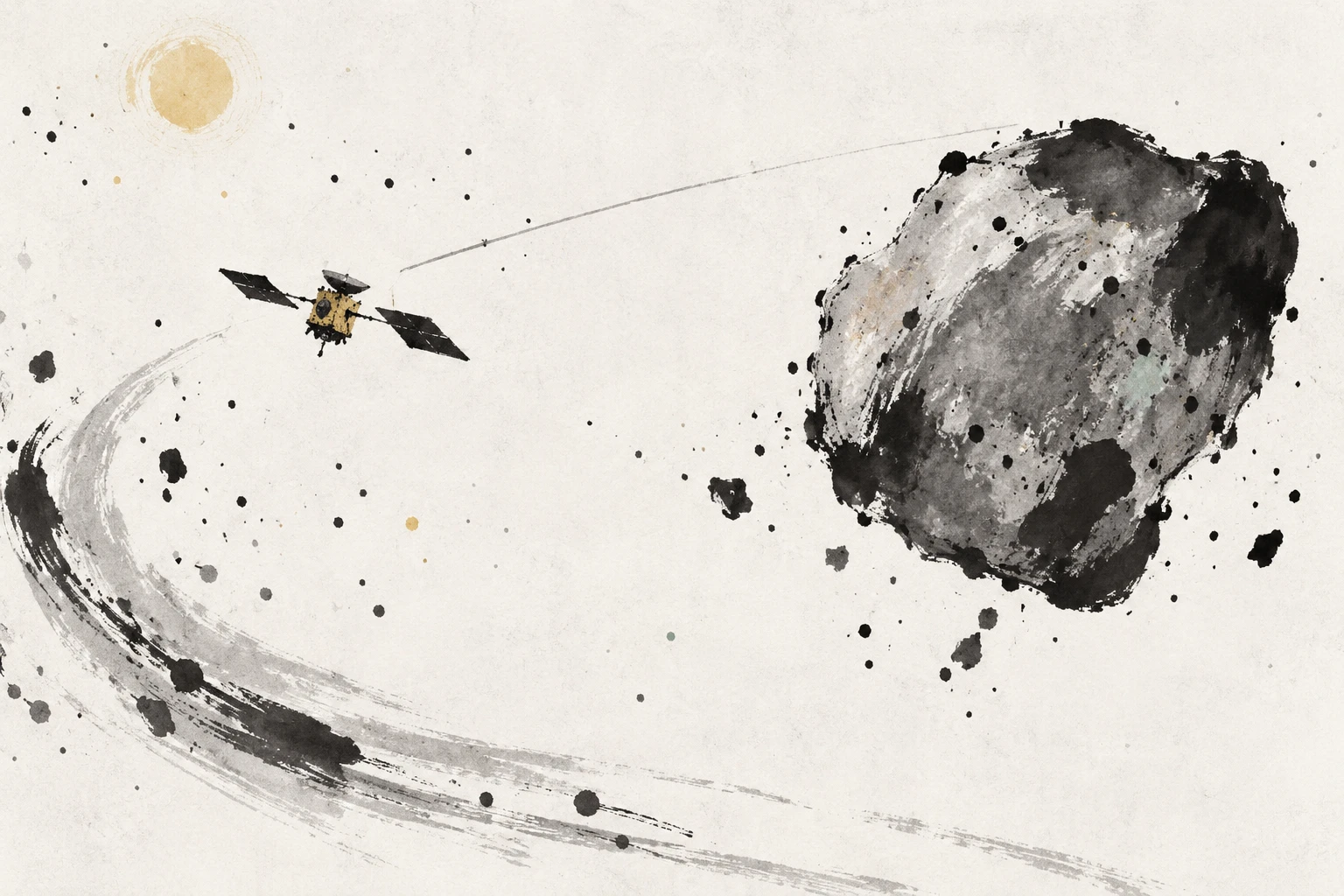 Artistic illustration of a spacecraft passing close to an elongated asteroid in sunlight