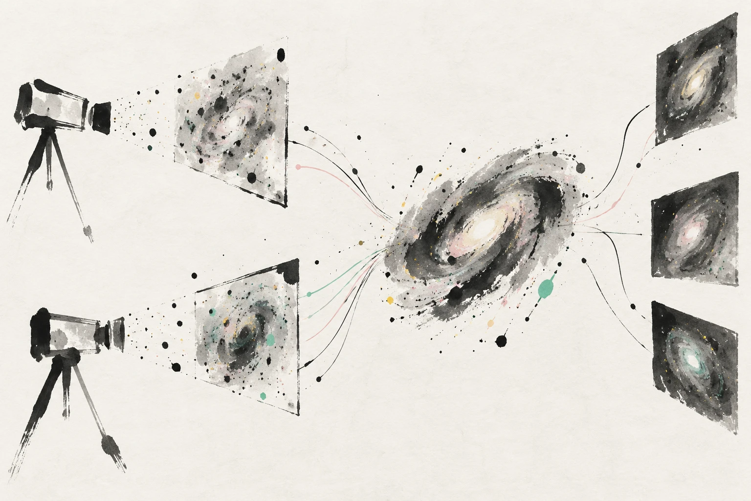 Artistic illustration of two telescopes observing one galaxy, with a neural network separating real galaxy structure from instrument distortions.