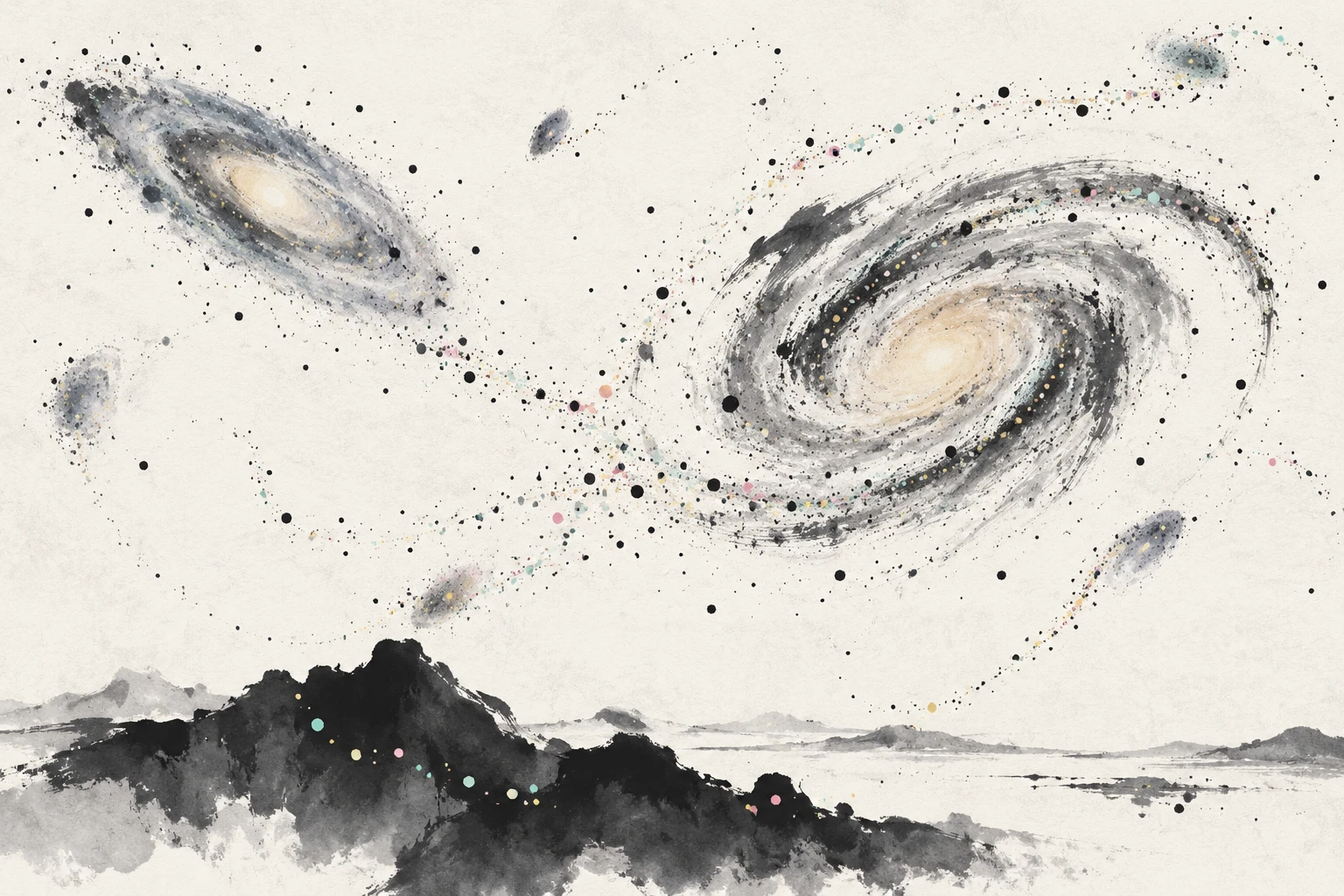 Artistic illustration of the Subaru Prime Focus Spectrograph’s fibers aimed at stars in the Milky Way, Andromeda, and dwarf galaxies.