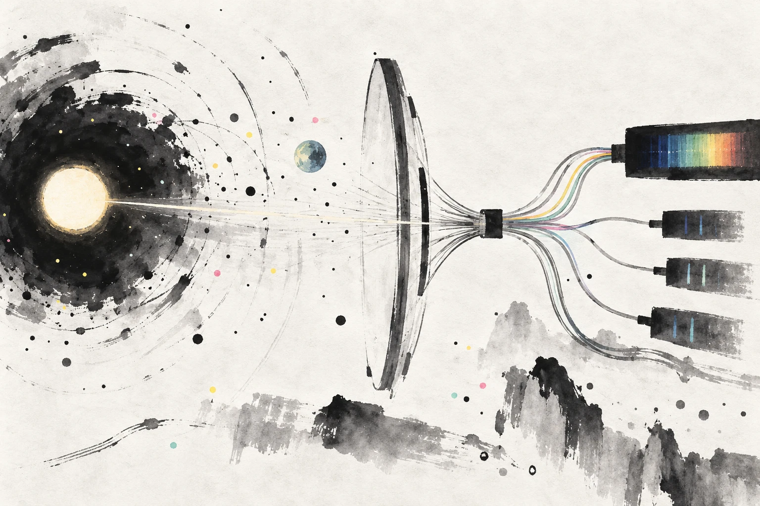 Illustration of a photonic lantern splitting light into multiple optical fibers, with a planet and star in the background.