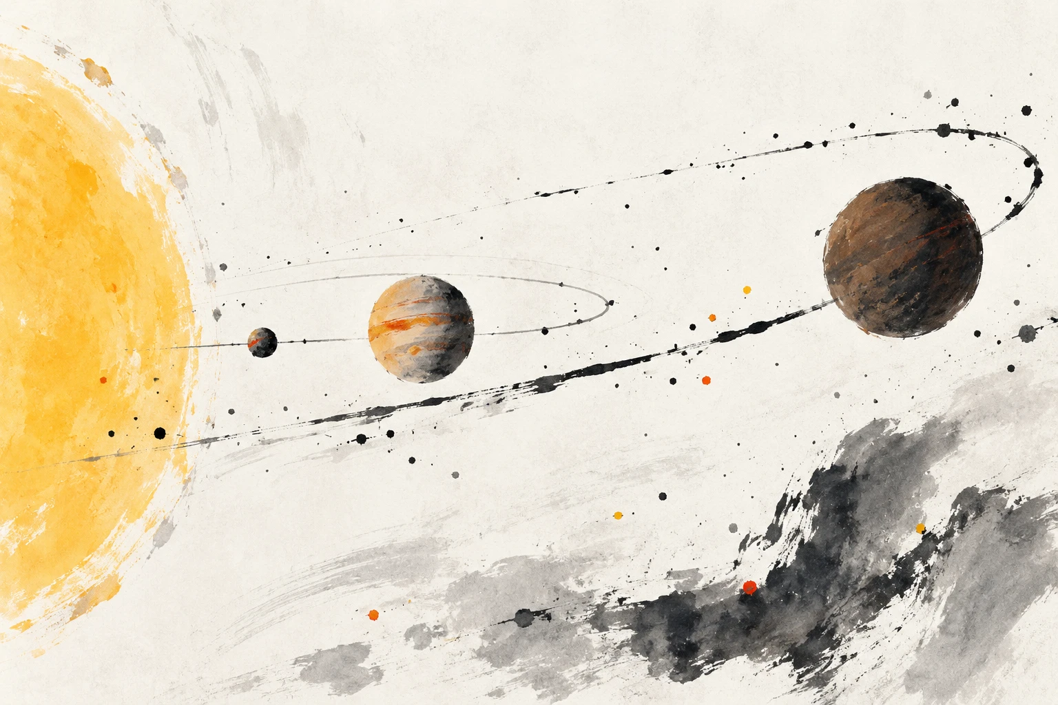 Artistic illustration of a brown dwarf and two planets orbiting a young star in the same plane.