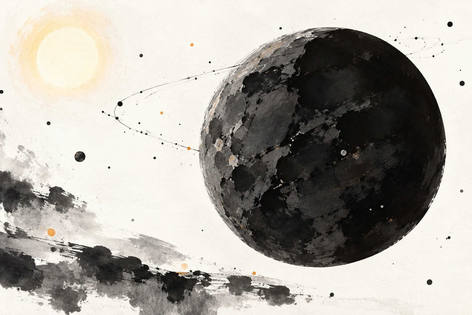 Artistic illustration of the dark, rocky exoplanet LHS 3844 b orbiting a small red star.