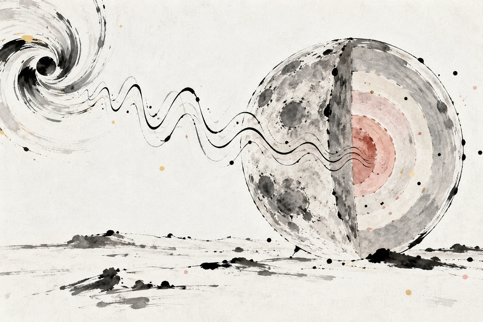 Artistic illustration of gravitational waves passing through the Moon and revealing its layered interior.