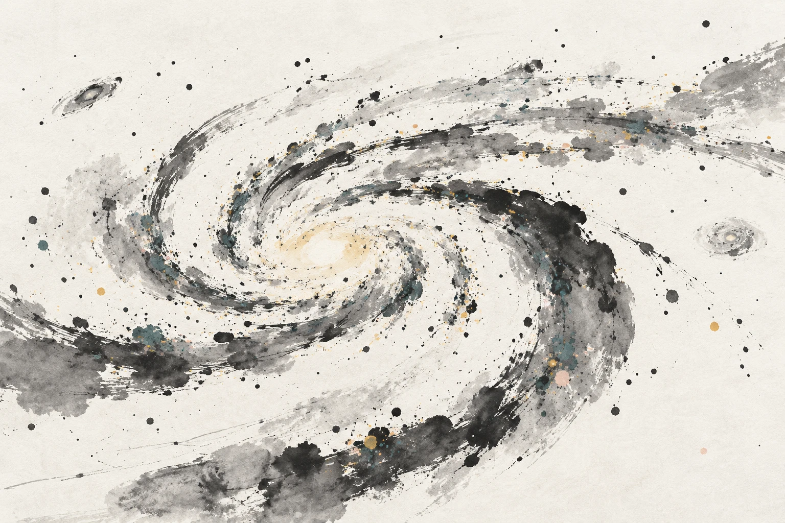 Abstract artistic illustration of a spiral galaxy wrapped in a diffuse dark matter halo, with a soft inner core and faint purple clouds.