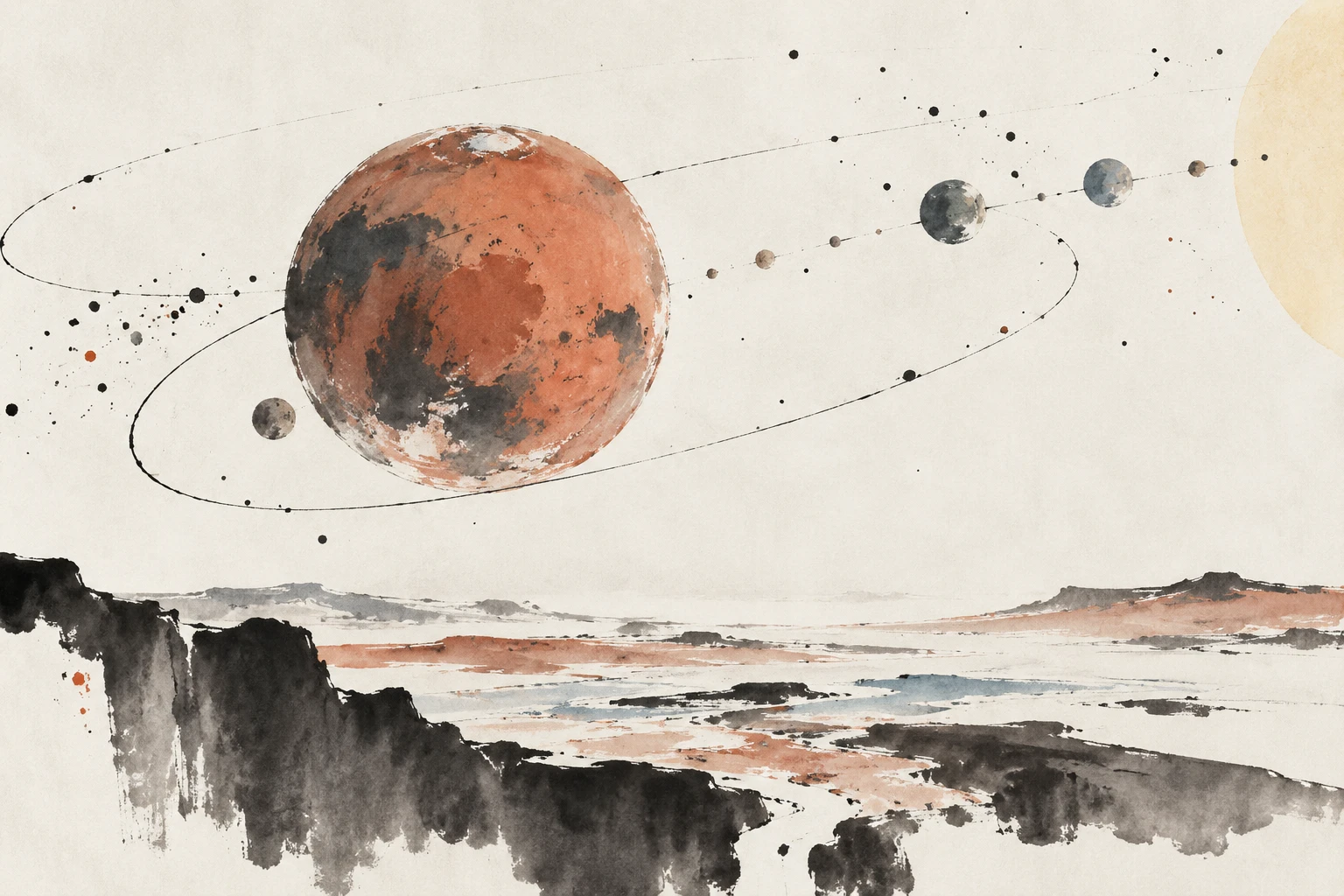 Artistic illustration of a small reddish planet resembling Mars against a starry background.
