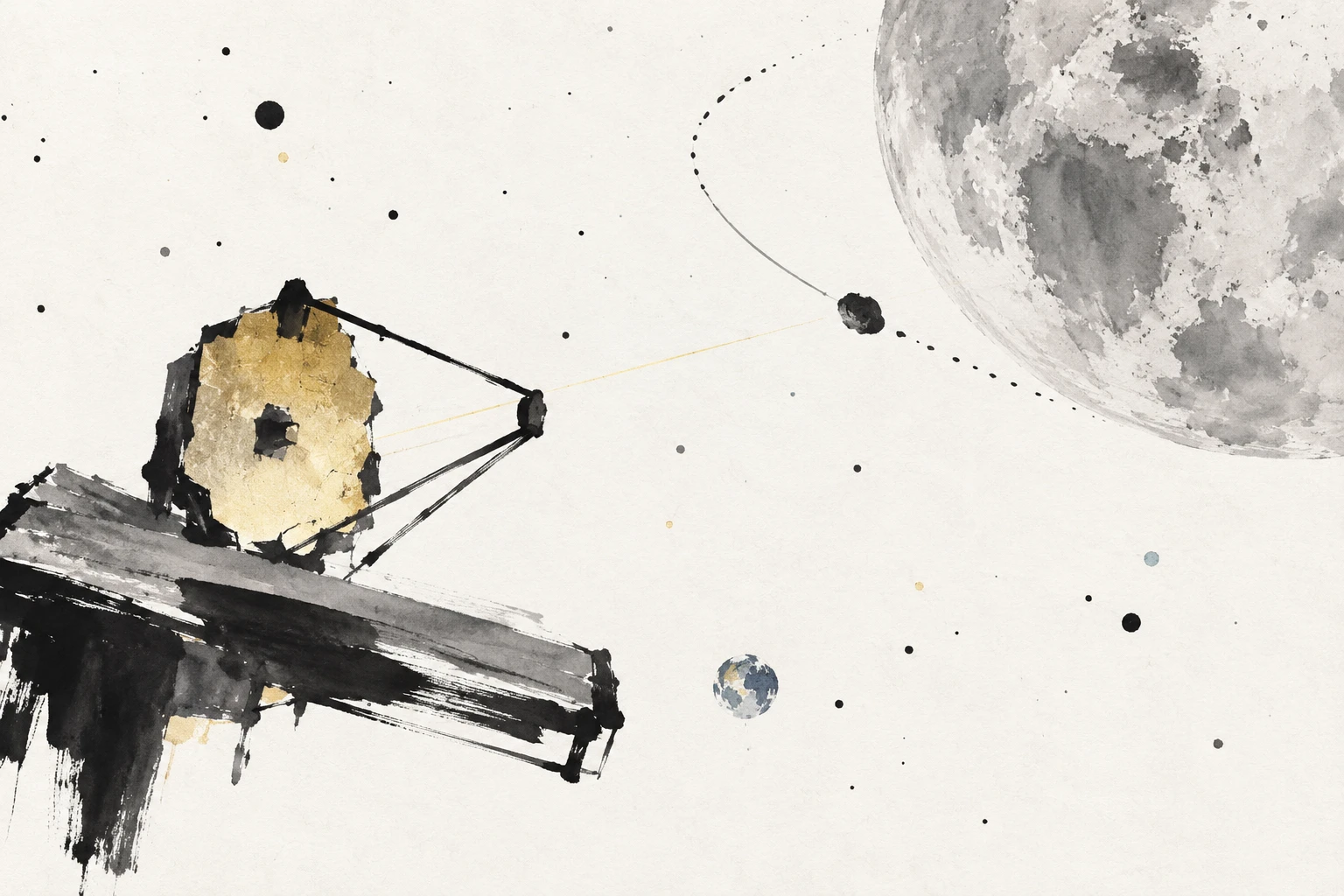 Artist's illustration of a small asteroid passing near the Moon, with a space telescope observing from a distance.