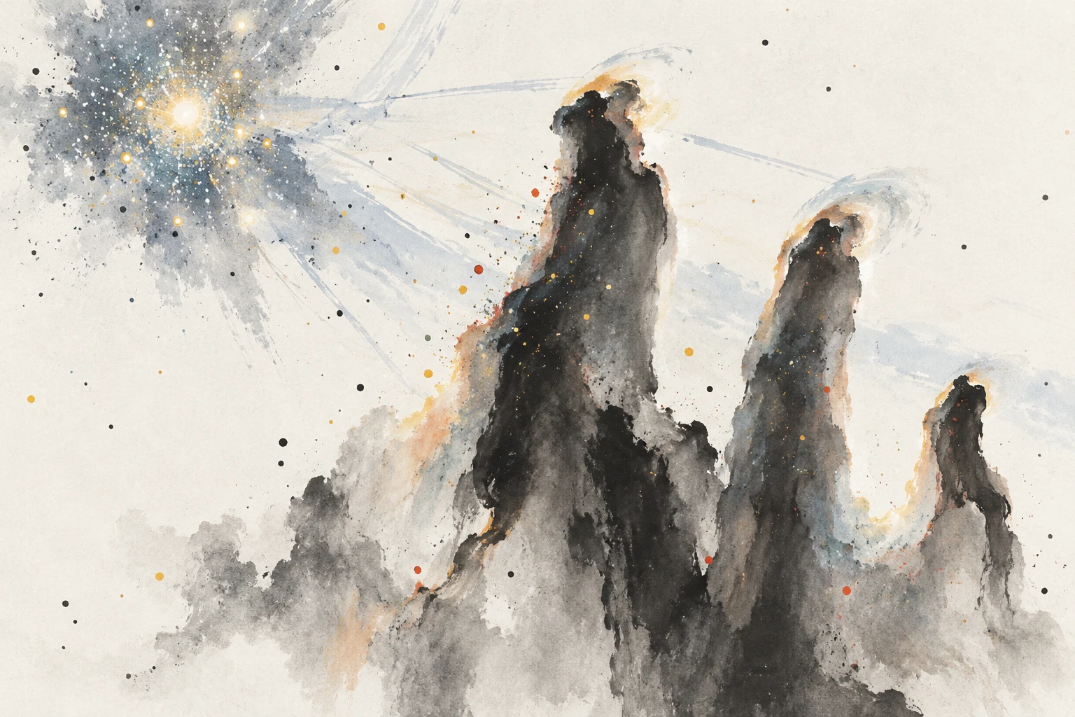 Abstract illustration: The Pillars of Creation, with young stellar object candidates concentrated along dusty pillar edges.