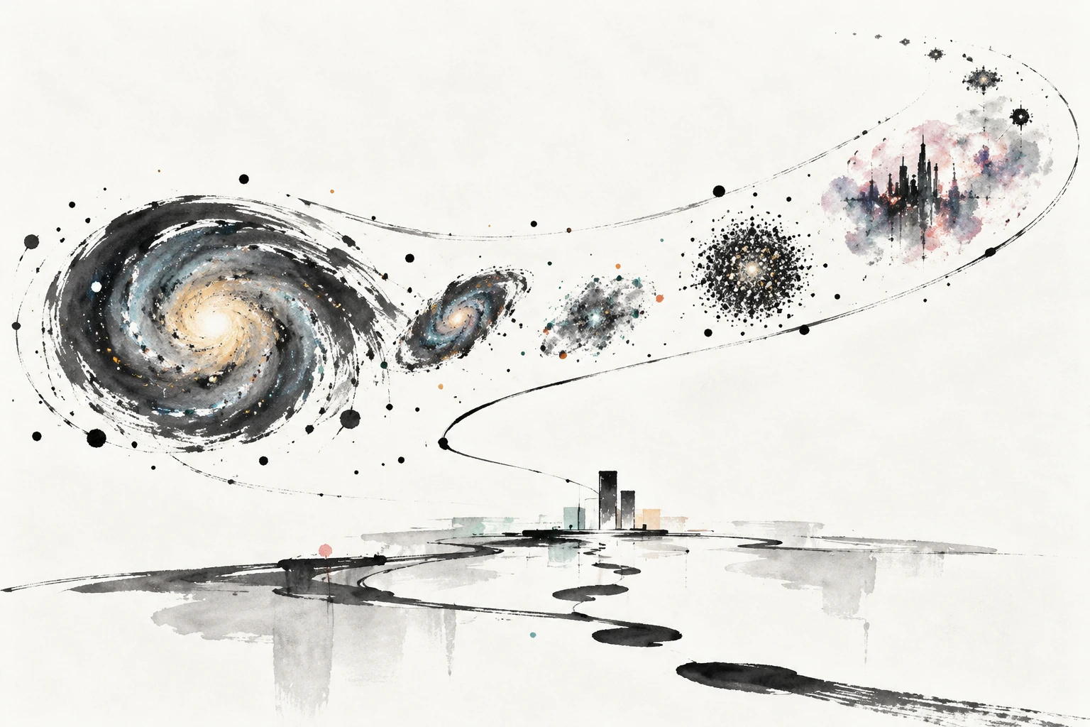 Abstract illustration of galaxy rotation curves and data streams across cosmic time, not observational data.