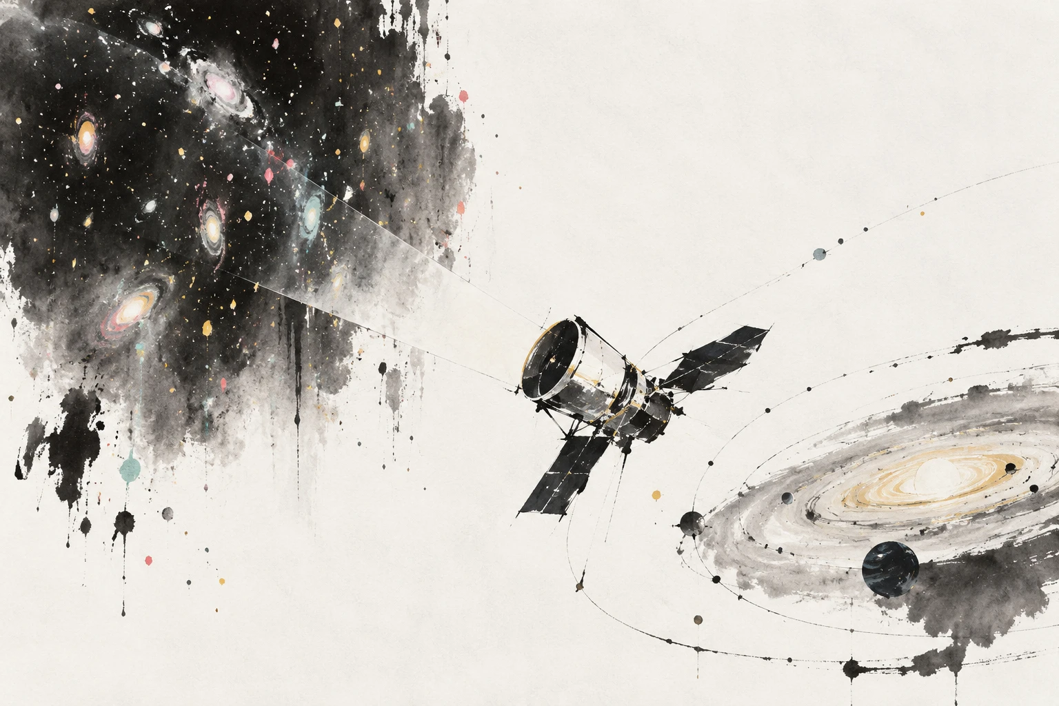 Artistic illustration of a space telescope observing infrared light from distant galaxies and a planet-forming disk.