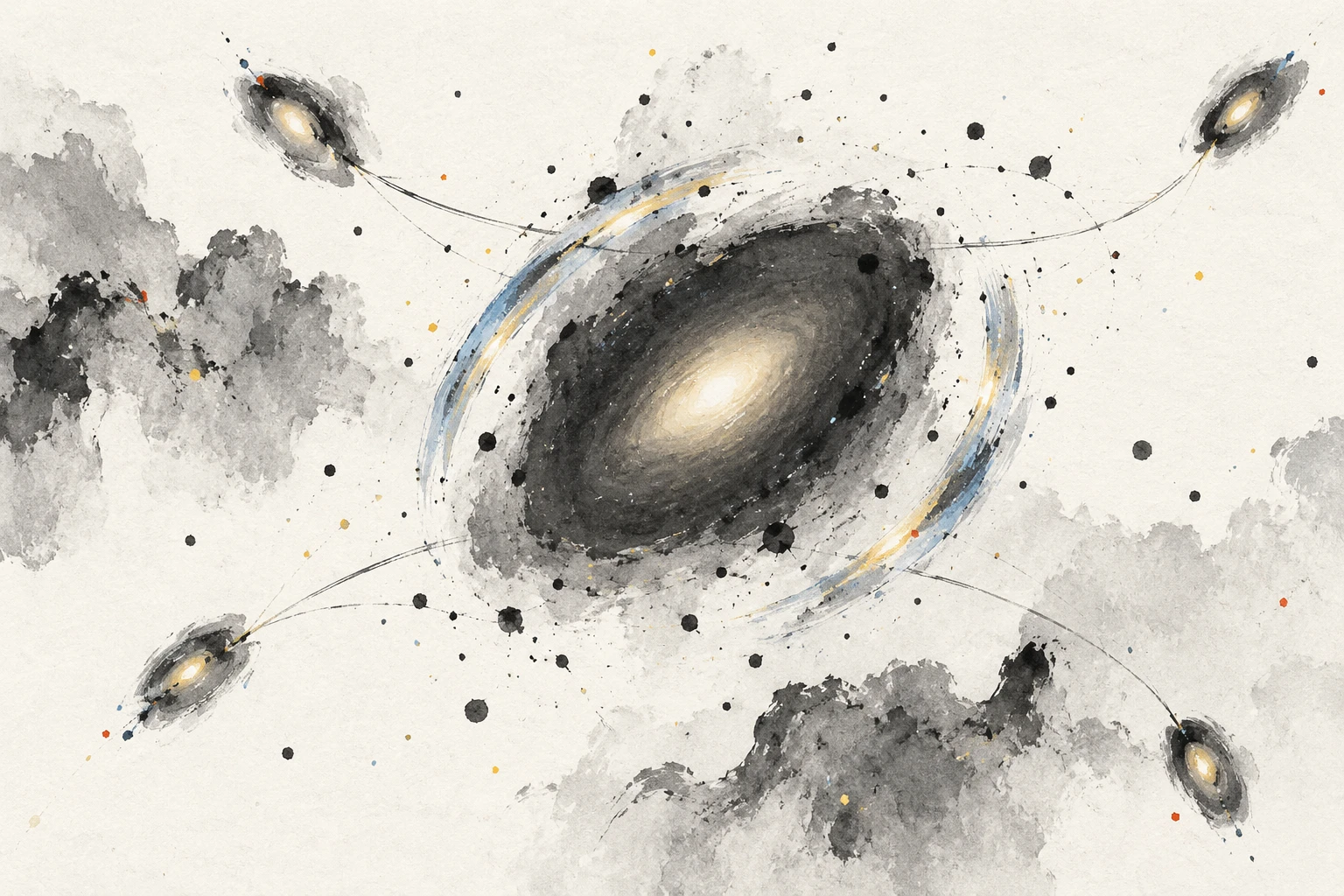Artistic illustration of a quadruply lensed quasar with invisible dark matter halos distorting the light.