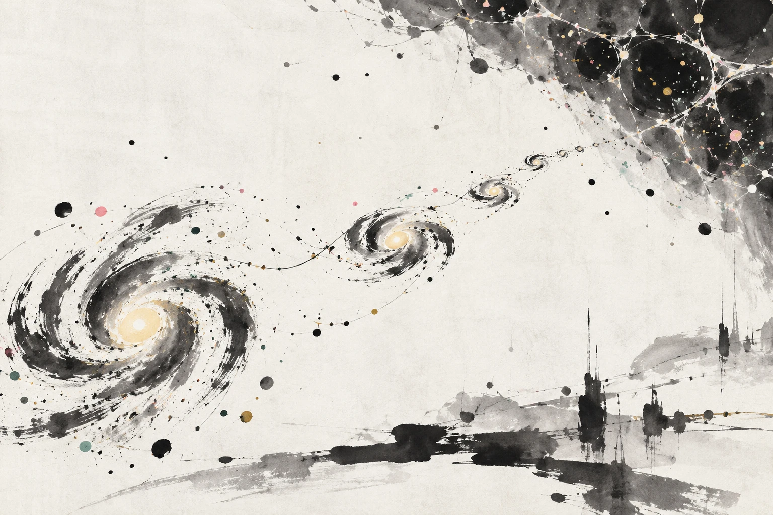 Abstract illustration of a rotating galaxy and the cosmic web
