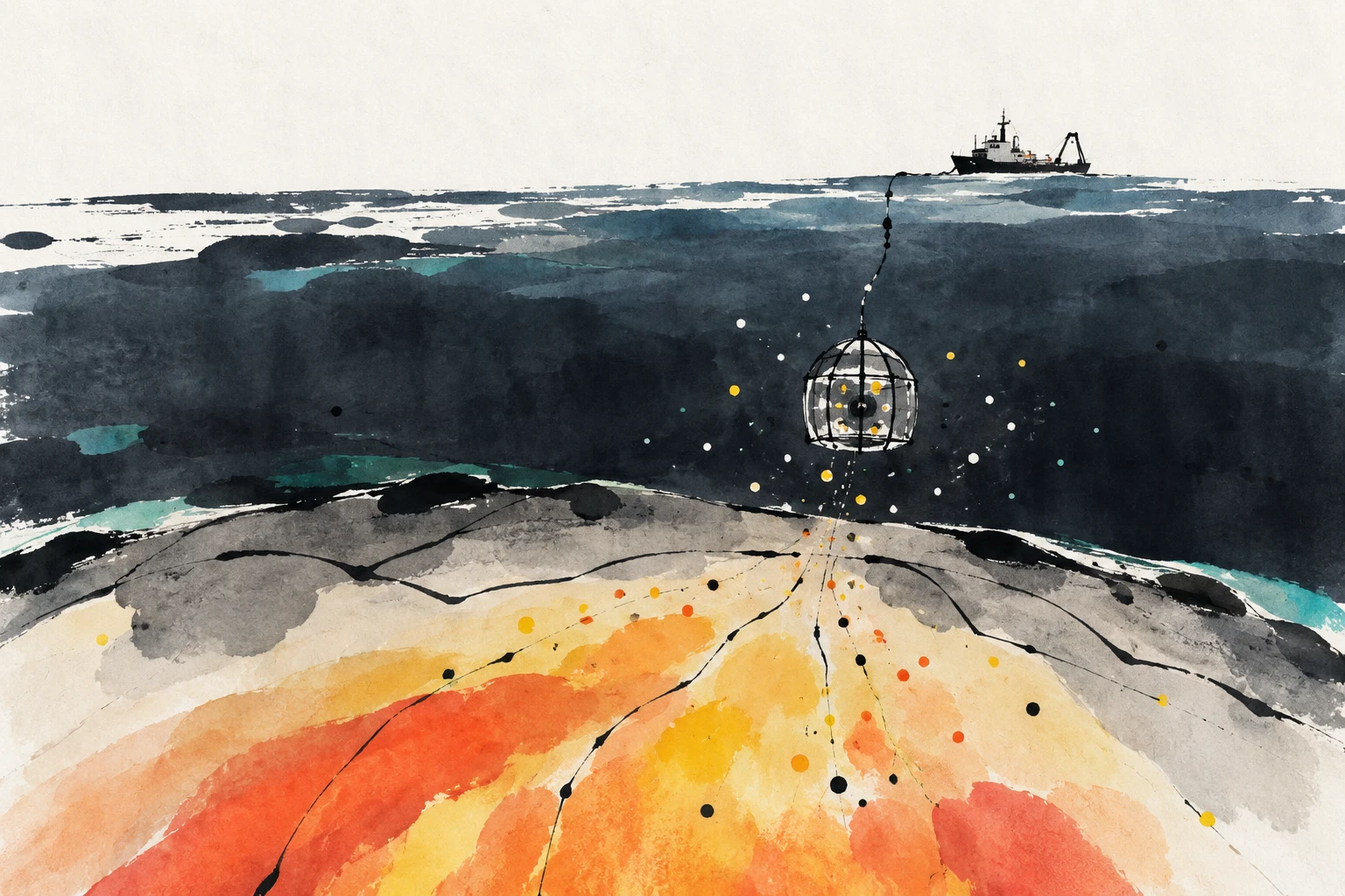 Artist’s illustration of a deep-ocean neutrino detector beneath a cutaway Earth, with antineutrino paths through the planet.