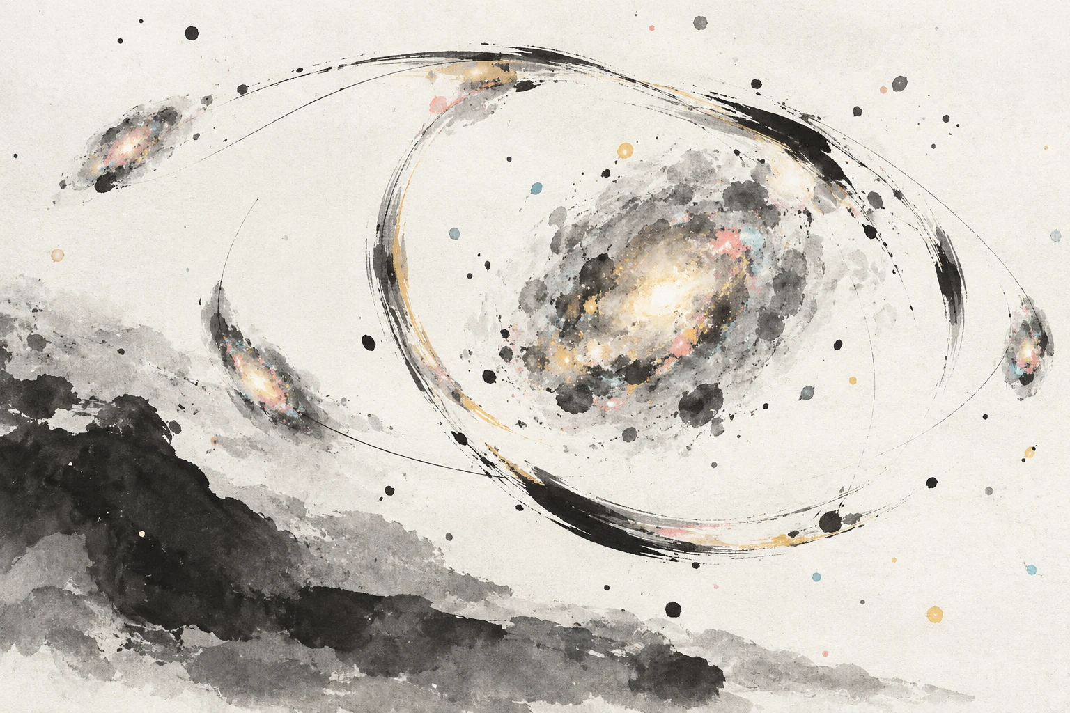 Abstract illustration of a gravitationally lensed galaxy arc made of bright clumps against dark space.