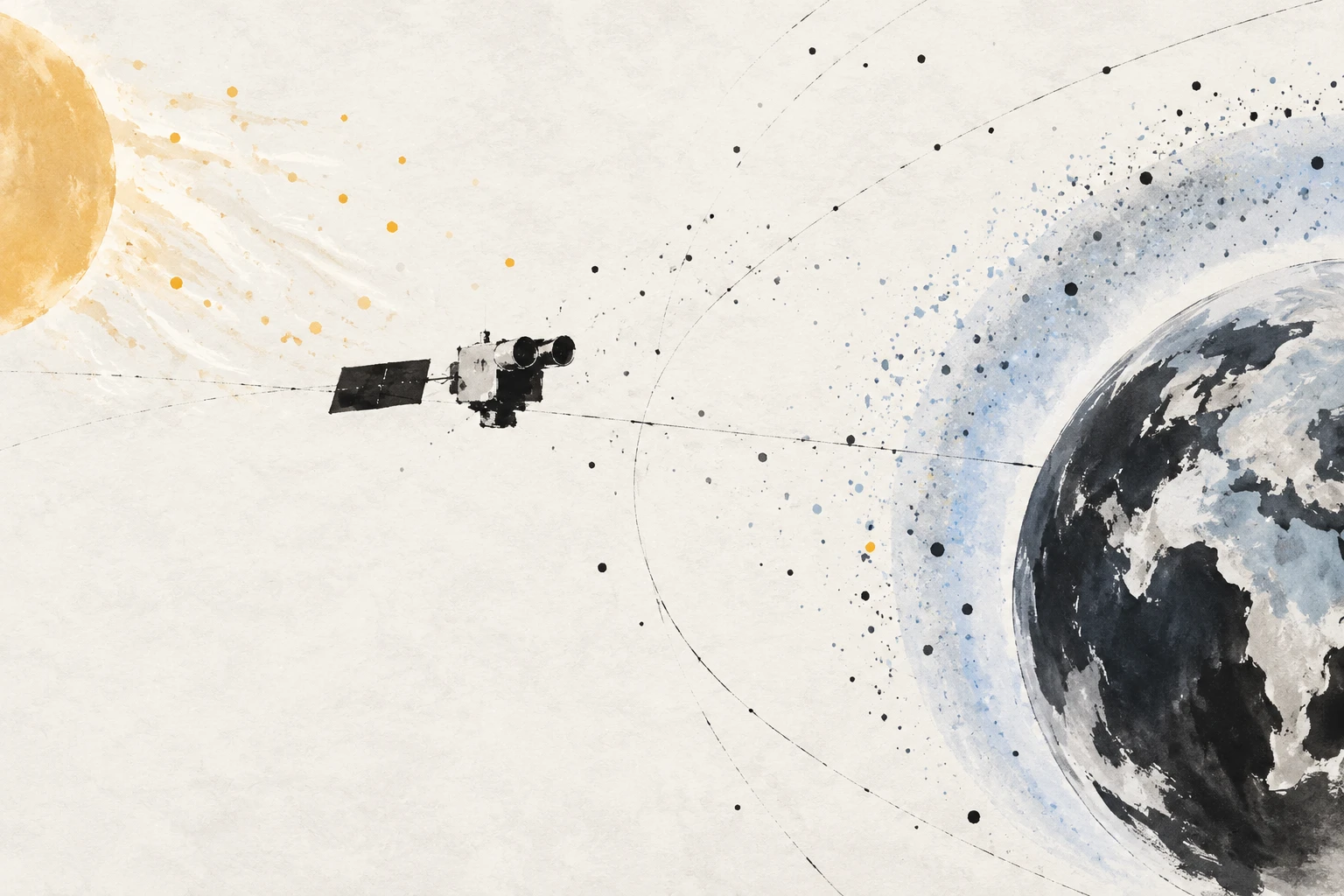Artistic illustration of Earth's hydrogen exosphere and a spacecraft in a halo orbit around the Earth-Sun L1 point; not observational data.