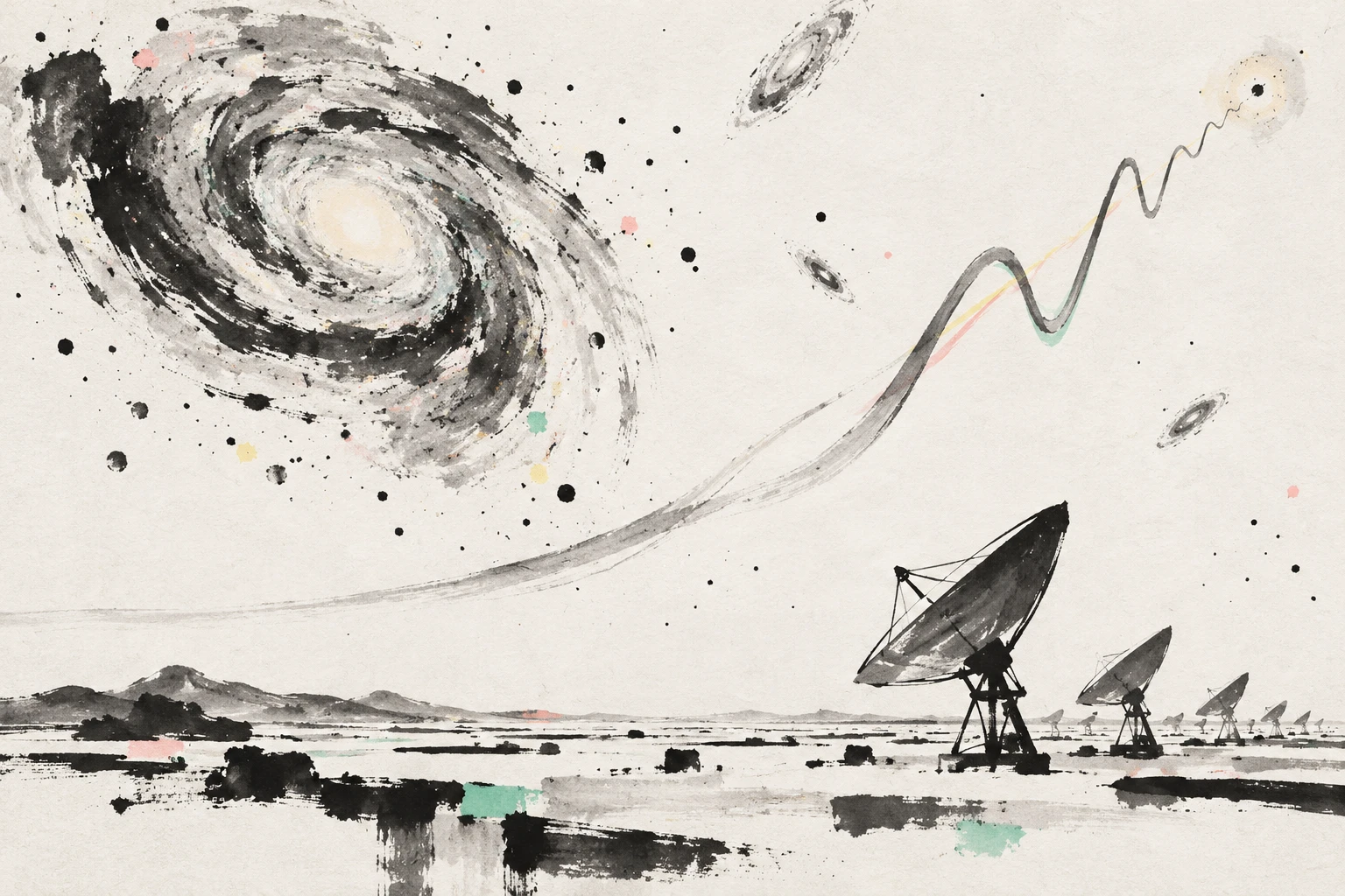 Artistic illustration of radio telescope dishes under a dark sky with faint glowing particle trails.