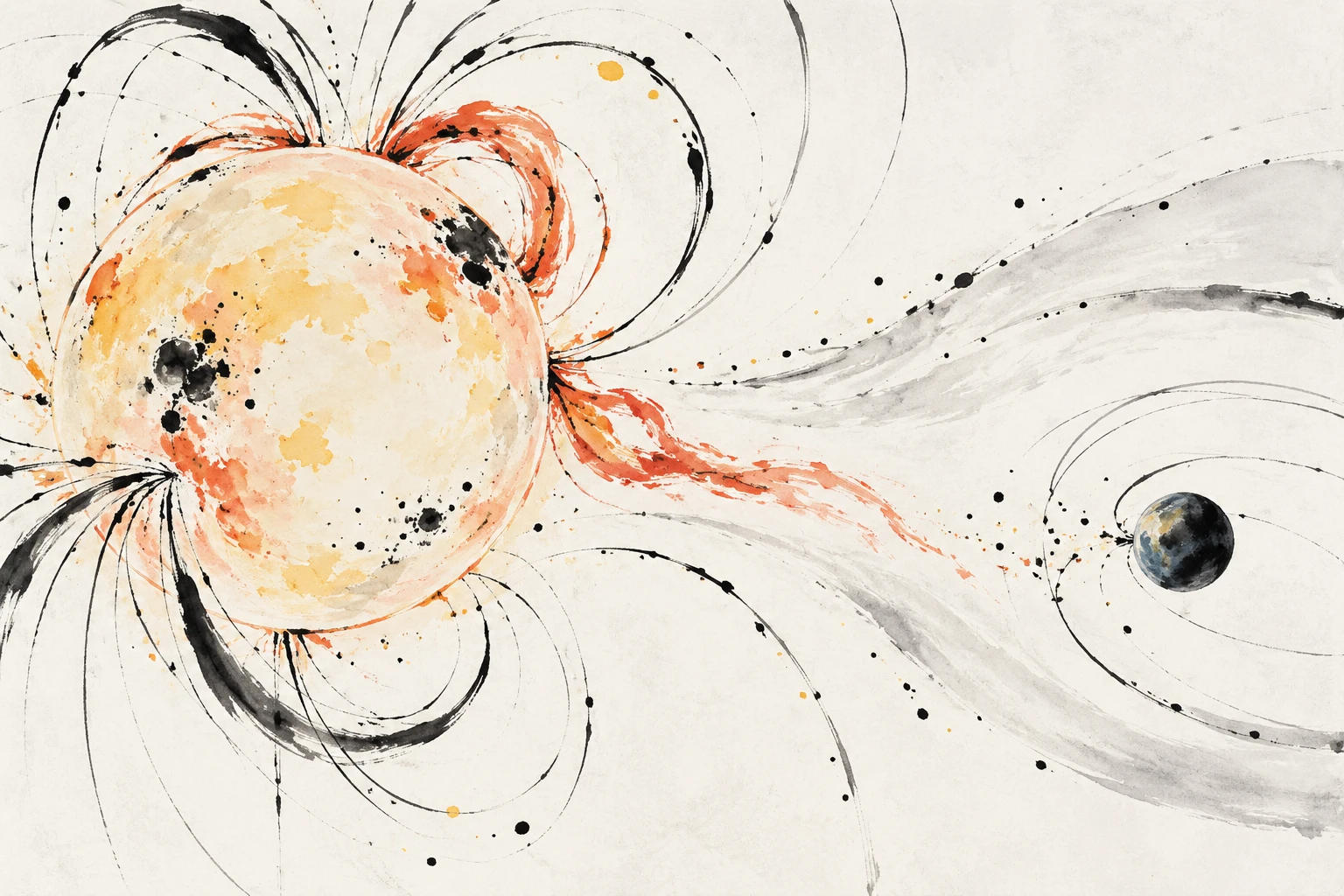 Artistic illustration of a magnetized cool star with dark spots, glowing coronal loops, and a nearby planet.