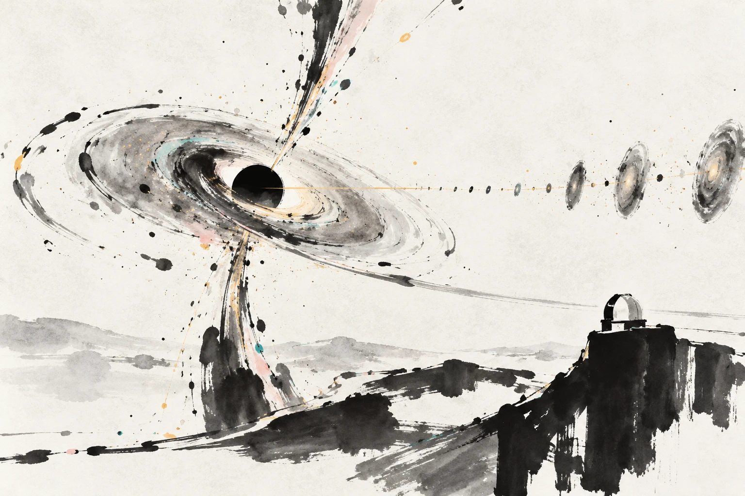 Abstract illustration of a glowing supermassive black hole surrounded by infalling gas clouds, with a beam of light from a giant telescope reaching across cosmic distances toward a faint spiral of galaxies.