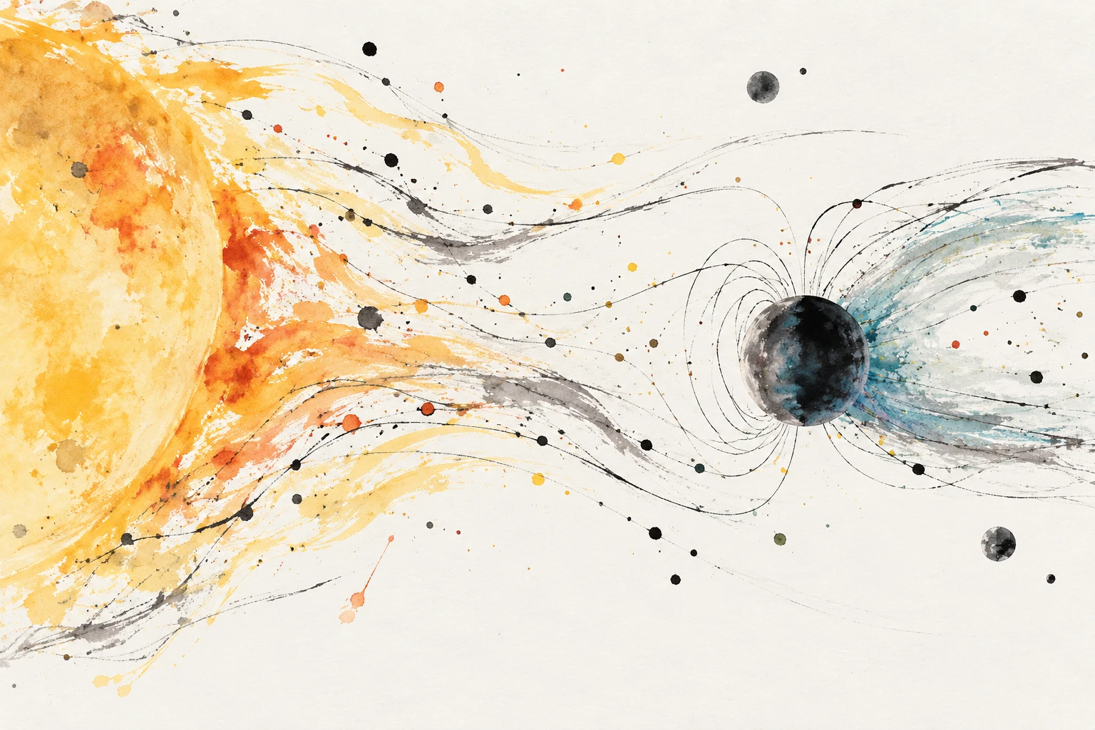 Artistic illustration of a close-in exoplanet orbiting a magnetically active star, with magnetic field lines, stellar radiation, and an escaping atmosphere.