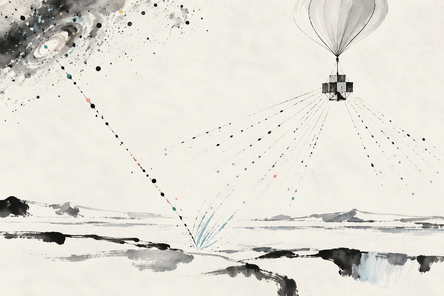 Artistic illustration of a NASA balloon-borne radio detector above Antarctic ice, with faint radio flashes and overlapping beam patterns.
